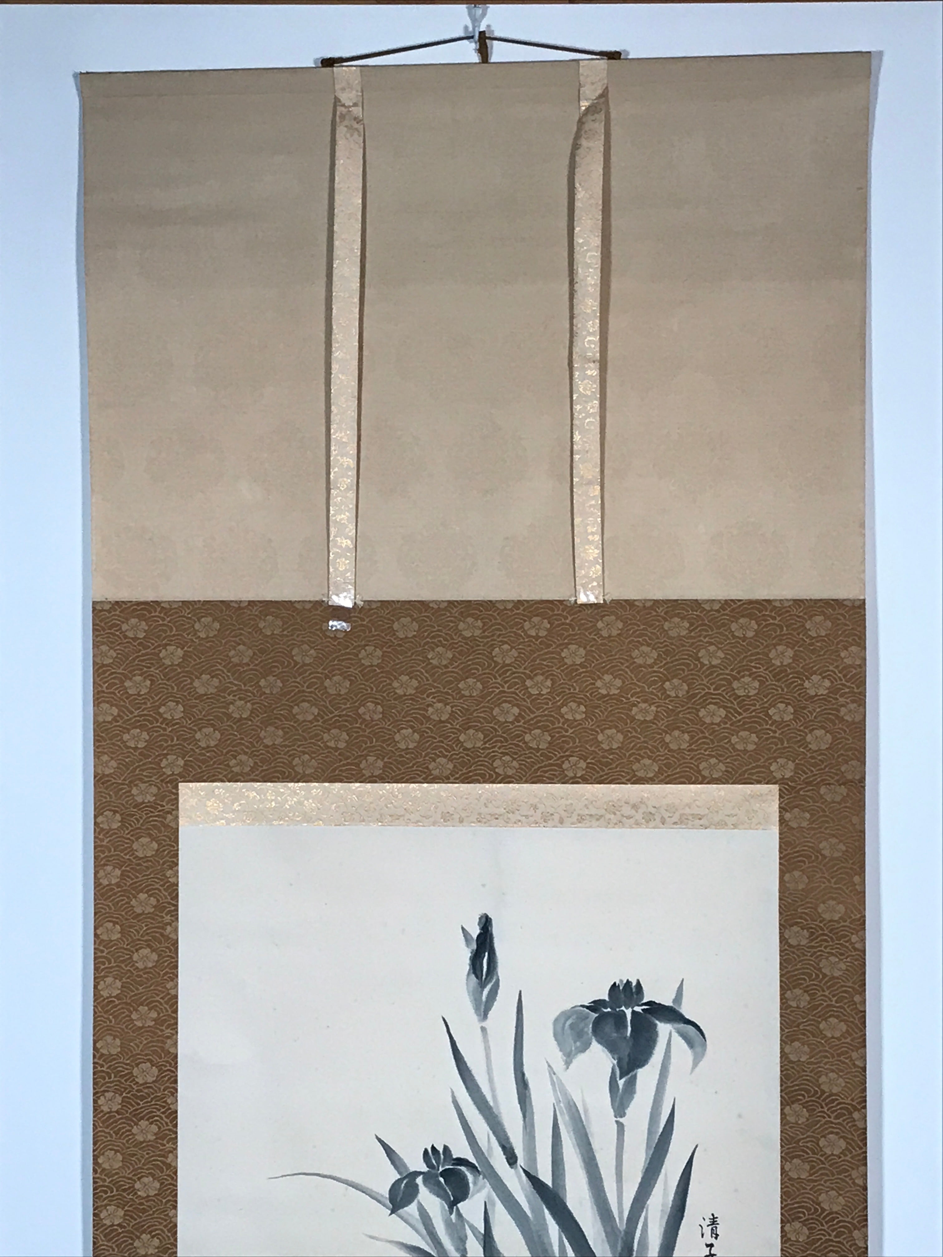 Japanese Hanging Scroll Nihon-ga Black Ink Art Iris Vtg Kakejiku Kakemono SC769