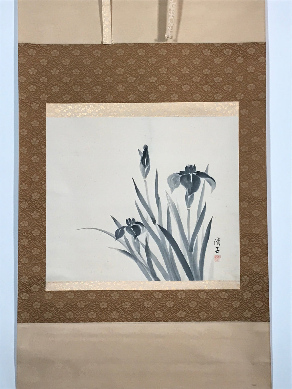 Japanese Hanging Scroll Nihon-ga Black Ink Art Iris Vtg Kakejiku Kakemono SC769