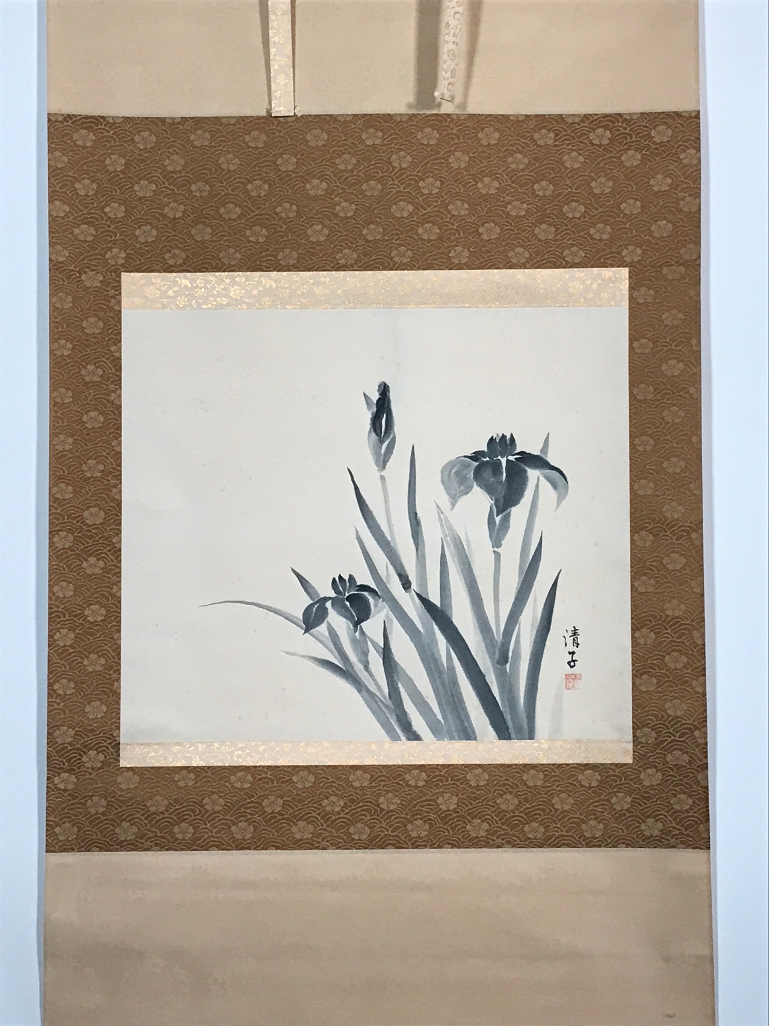 Japanese Hanging Scroll Nihon-ga Black Ink Art Iris Vtg Kakejiku Kakemono SC769