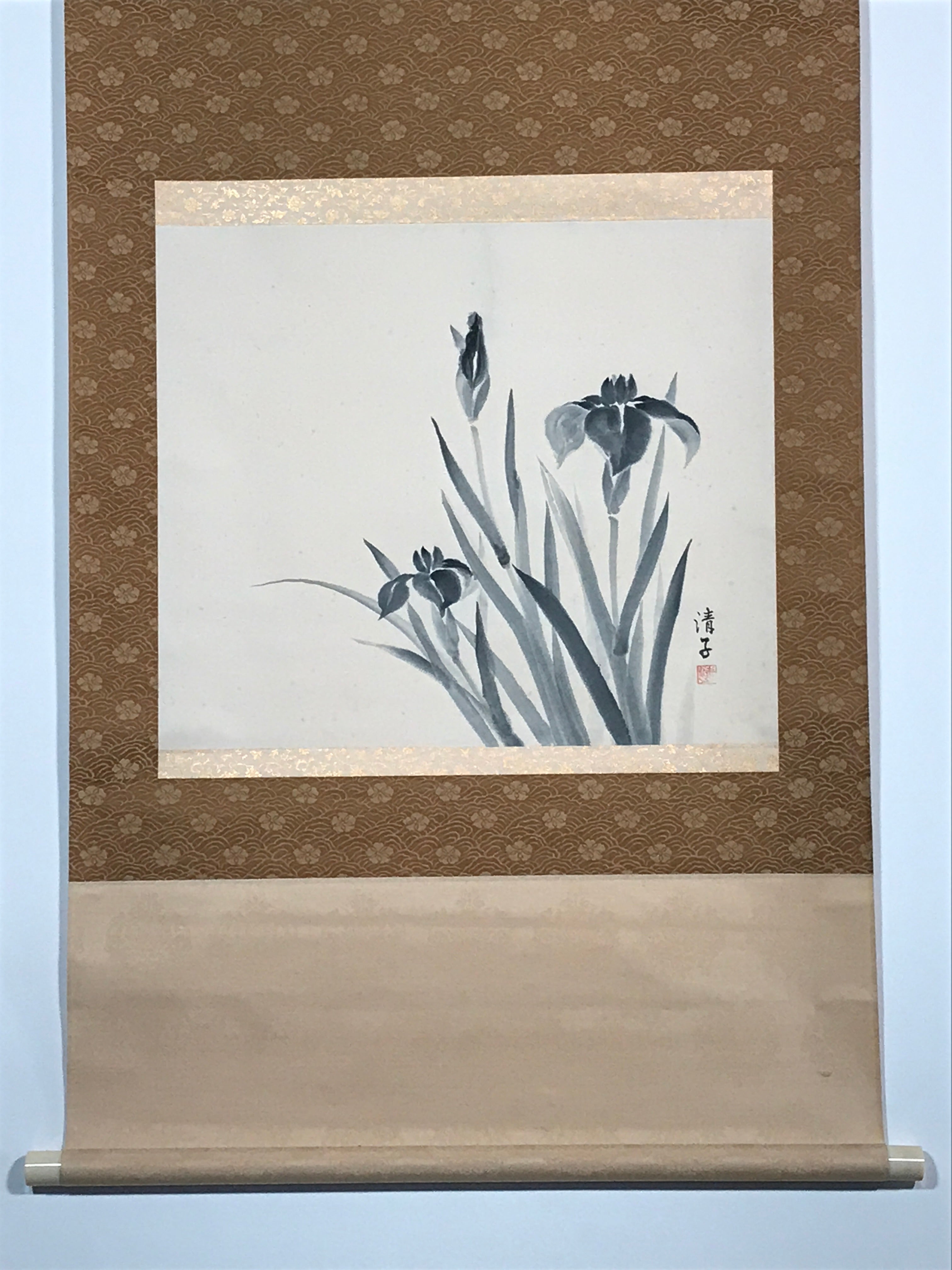 Japanese Hanging Scroll Nihon-ga Black Ink Art Iris Vtg Kakejiku Kakemono SC769