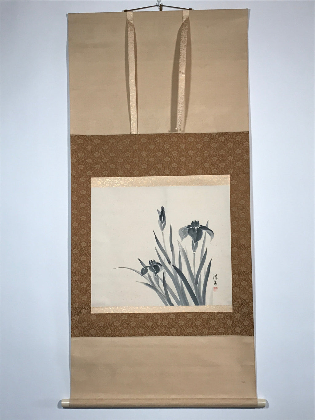 Japanese Hanging Scroll Nihon-ga Black Ink Art Iris Vtg Kakejiku Kakemono SC769
