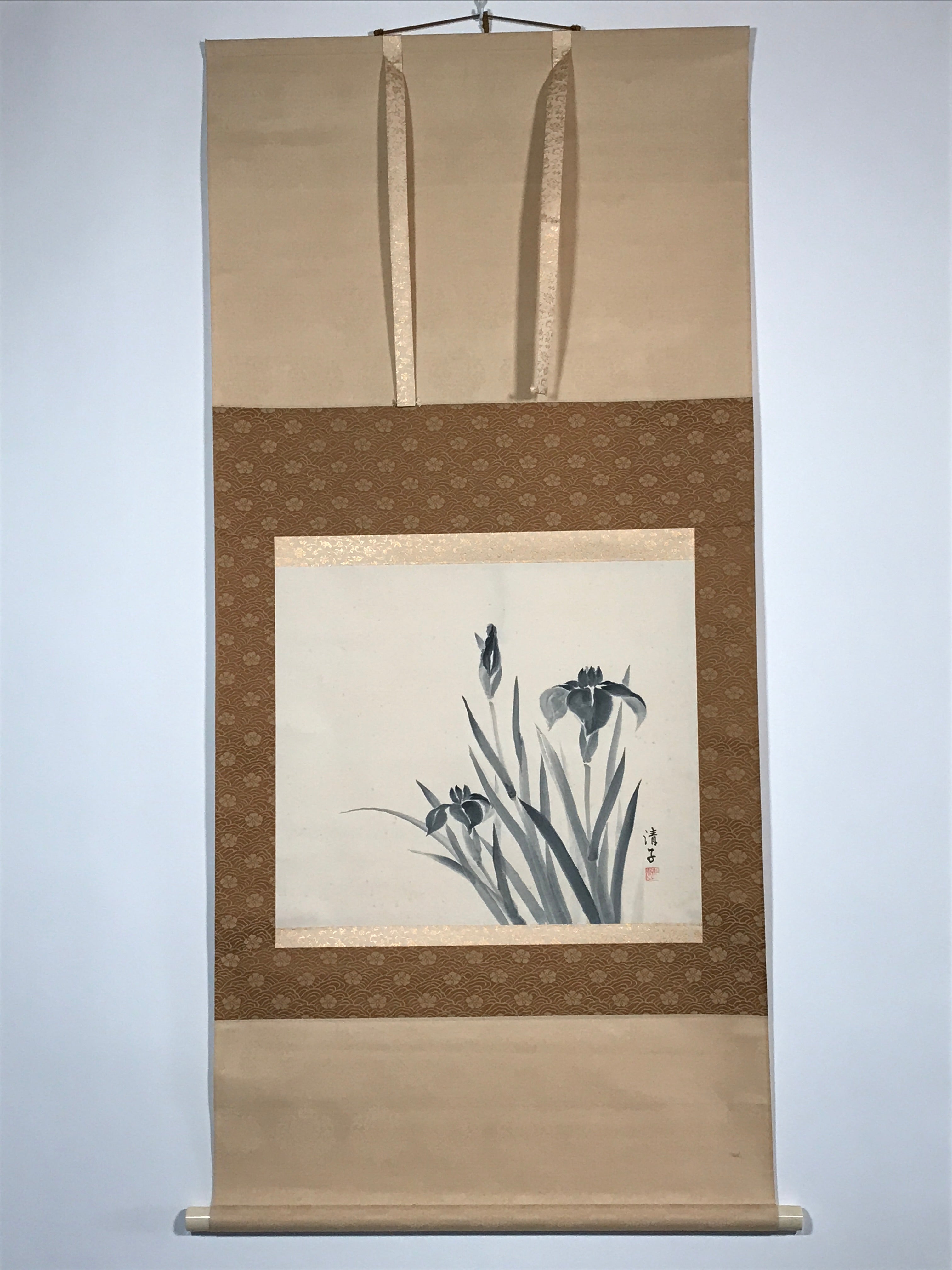 Japanese Hanging Scroll Nihon-ga Black Ink Art Iris Vtg Kakejiku Kakemono SC769