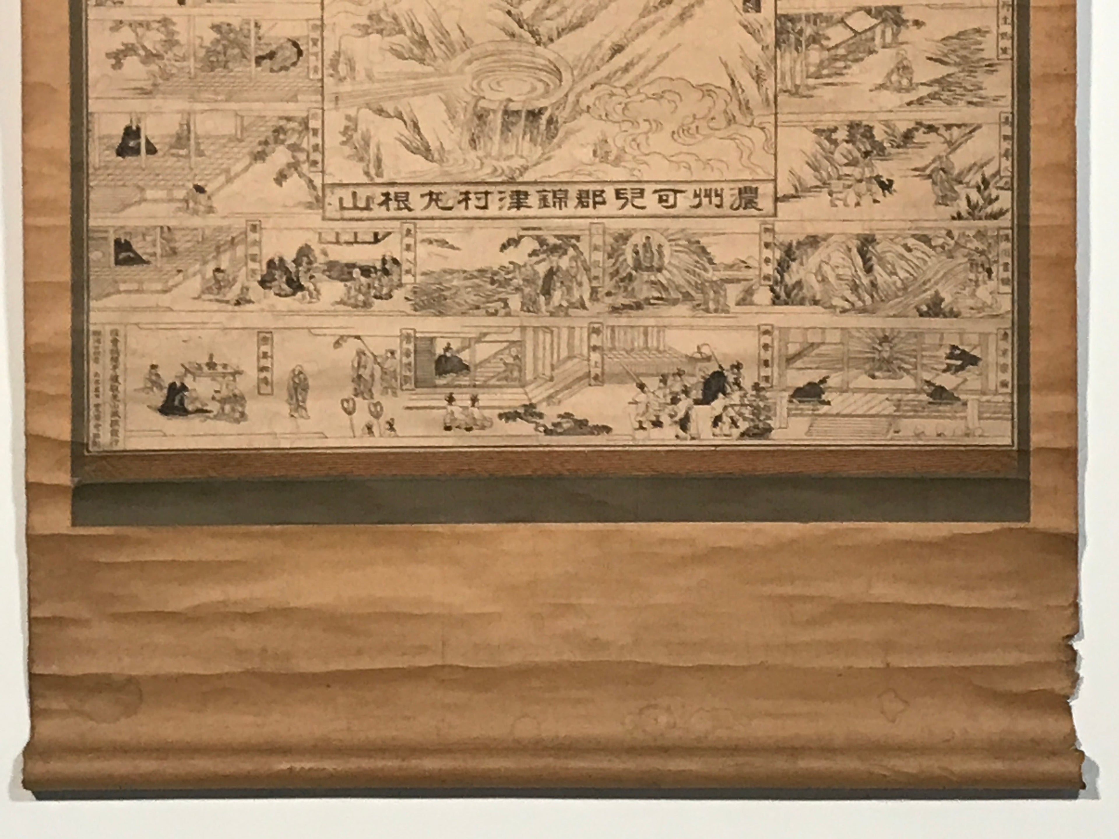 Japanese Hanging Scroll Printed Buddha Village Image Vtg Kakejiku Kakemono SC802