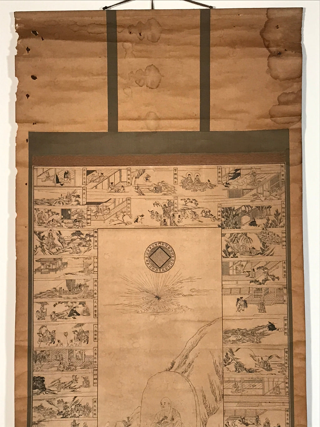 Japanese Hanging Scroll Printed Buddha Village Image Vtg Kakejiku Kakemono SC802