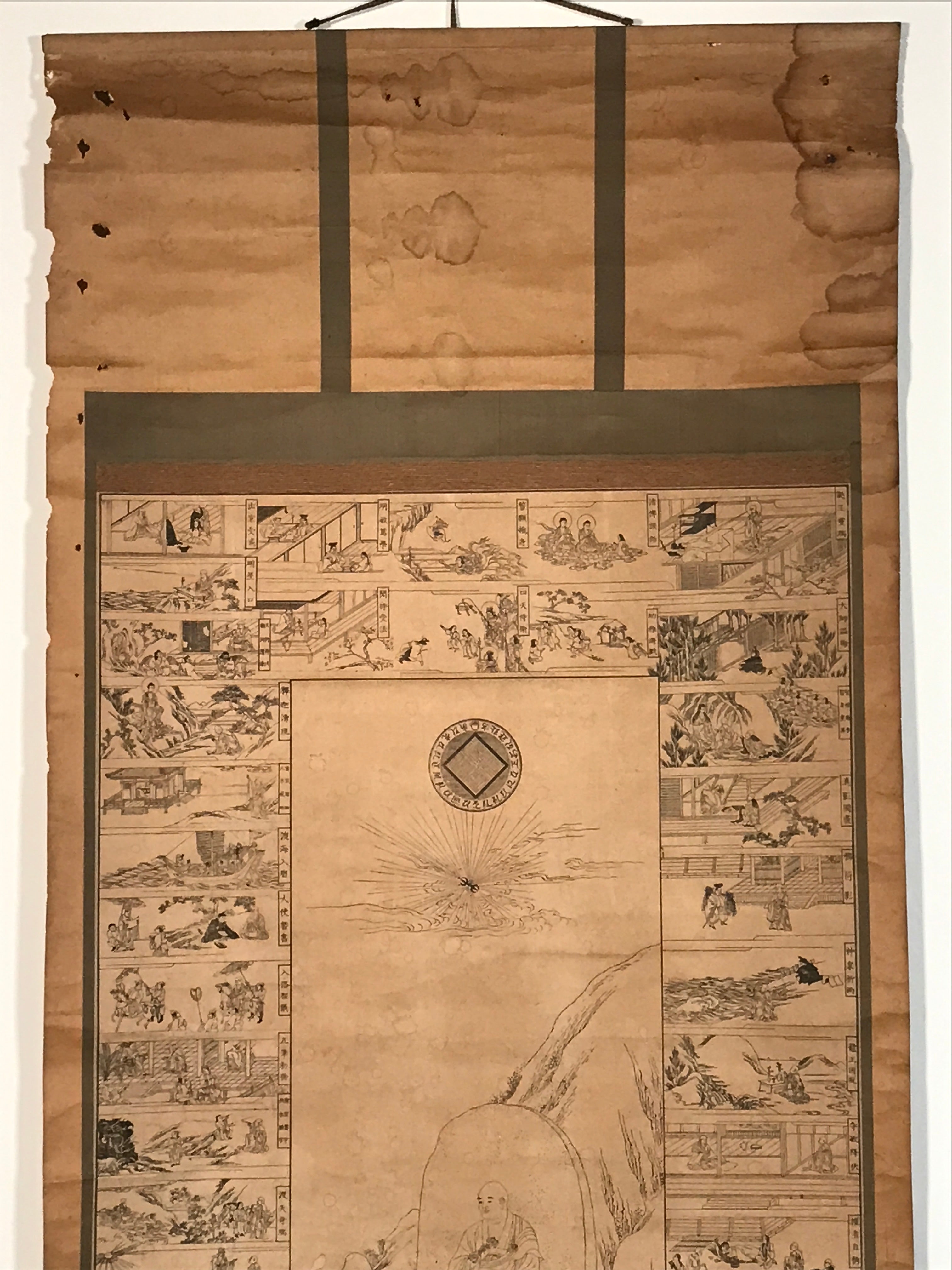 Japanese Hanging Scroll Printed Buddha Village Image Vtg Kakejiku Kakemono SC802
