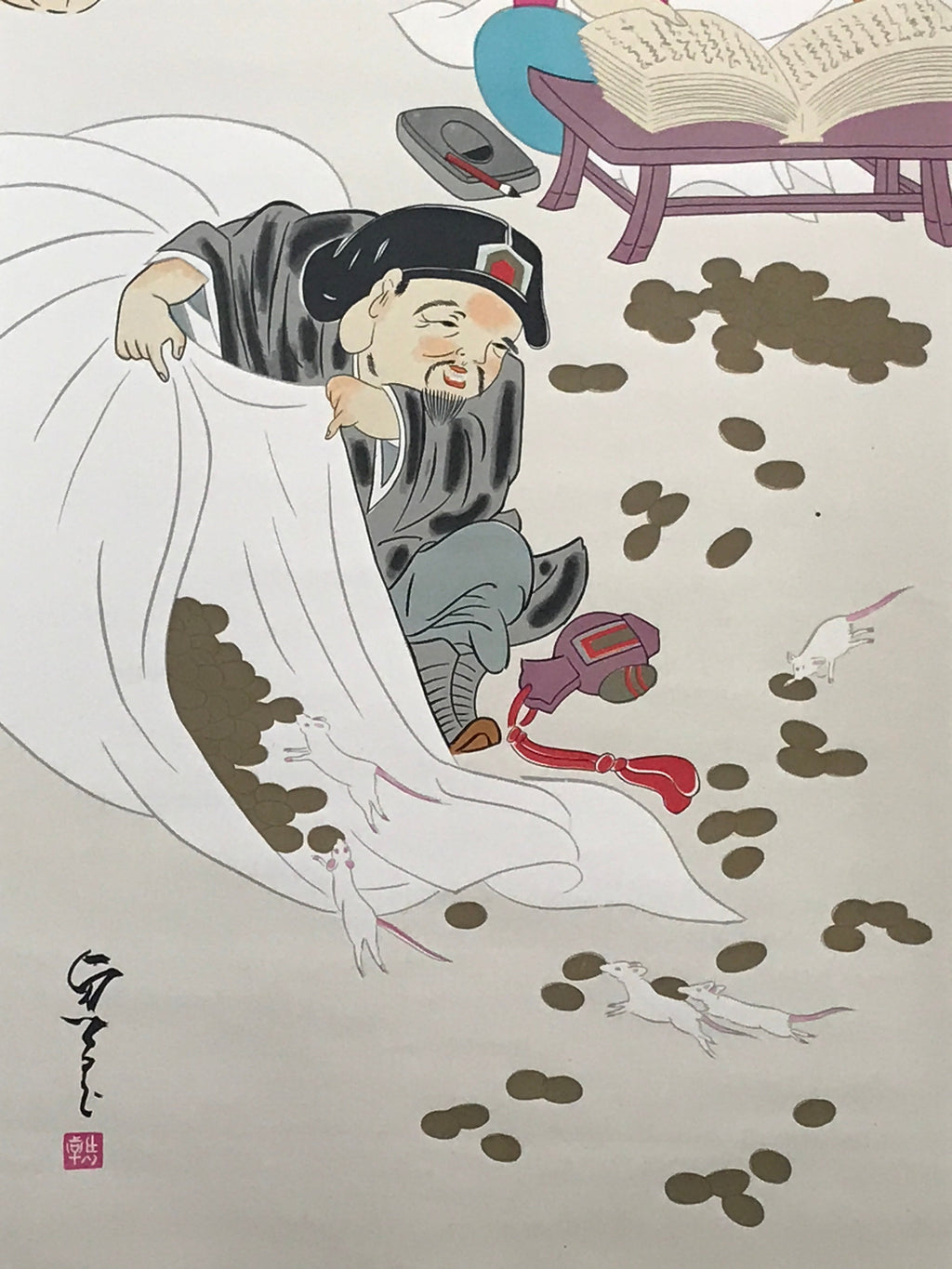 Japanese Hanging Scroll Printed Lucky Gods Ebis Daikoku Kakejiku Kakemono SC771