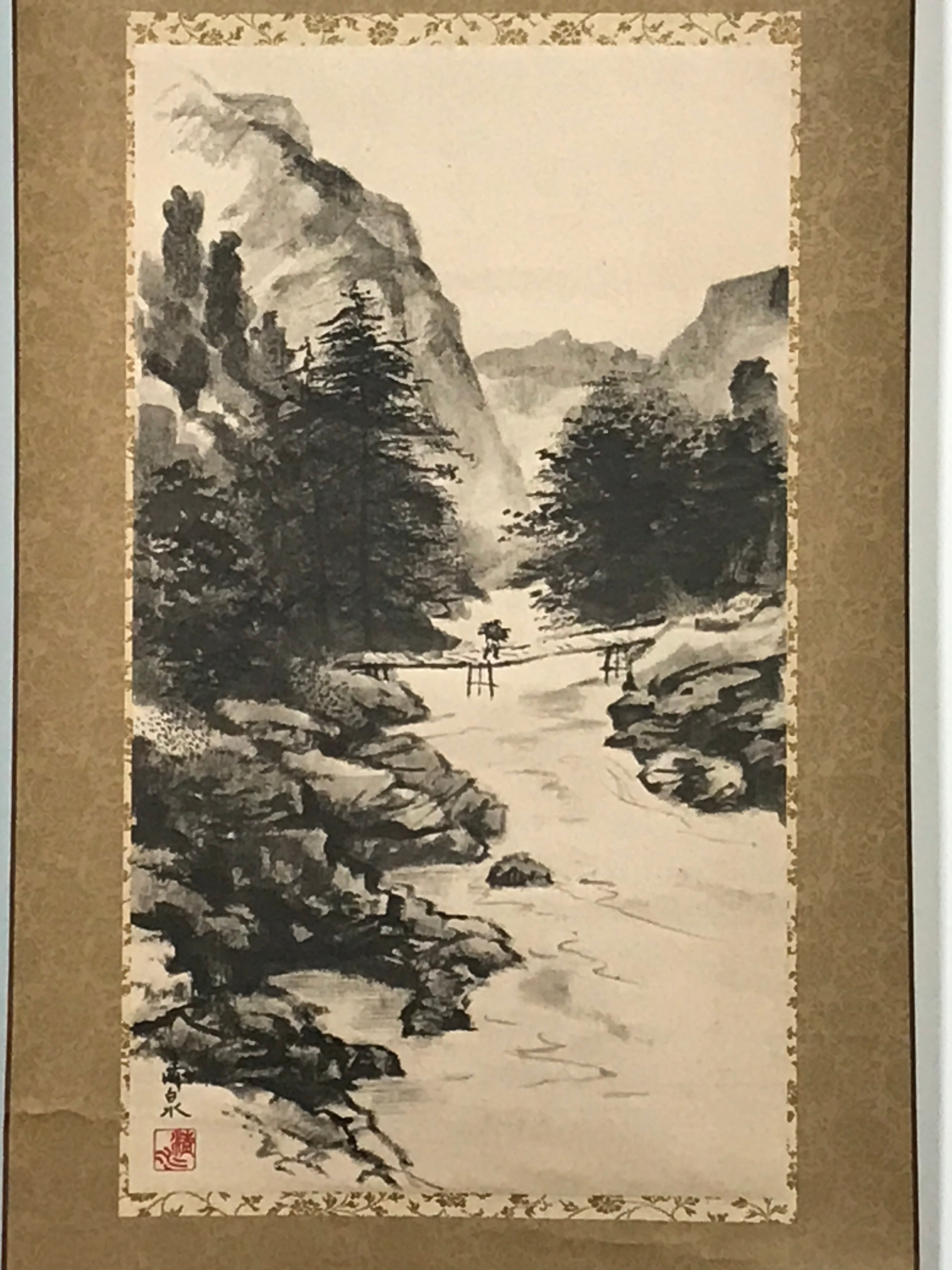 Japanese Hanging Scroll Printed Sansui-ga Mountain River Vtg Kakejiku SC768