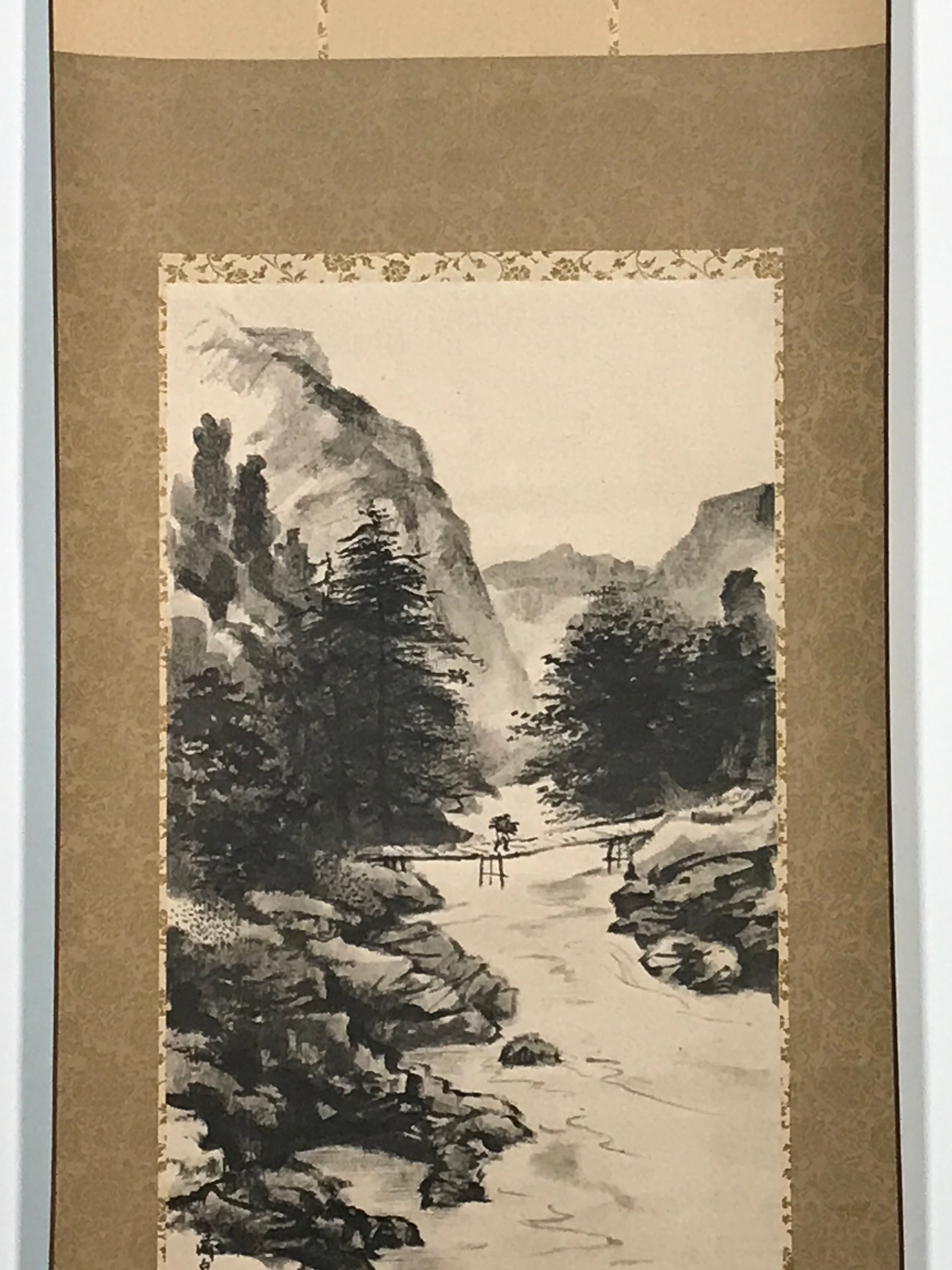 Japanese Hanging Scroll Printed Sansui-ga Mountain River Vtg Kakejiku SC768