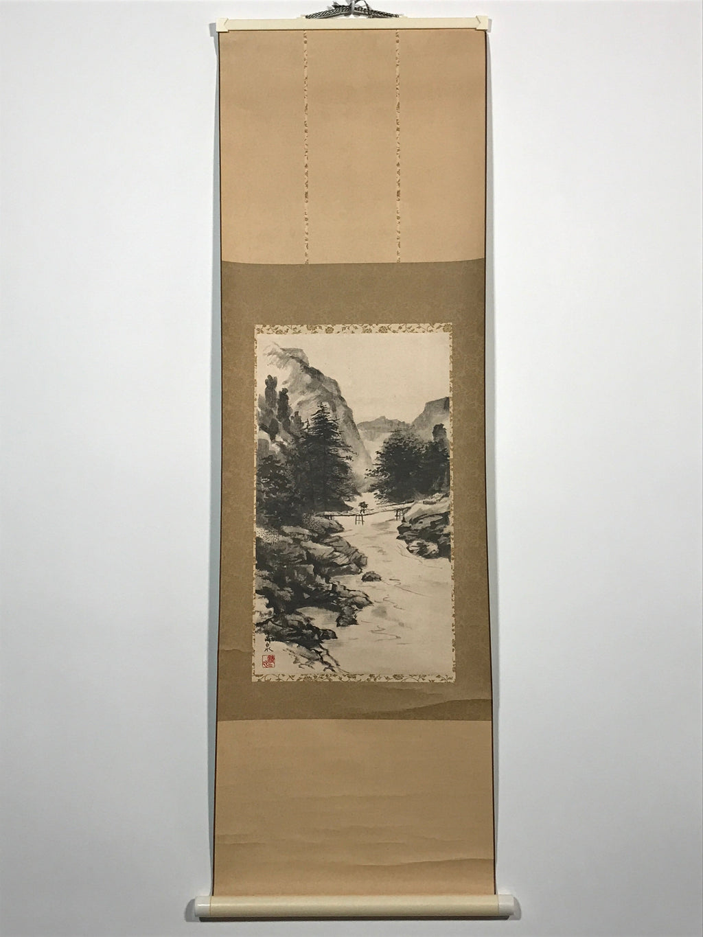 Japanese Hanging Scroll Printed Sansui-ga Mountain River Vtg Kakejiku SC768