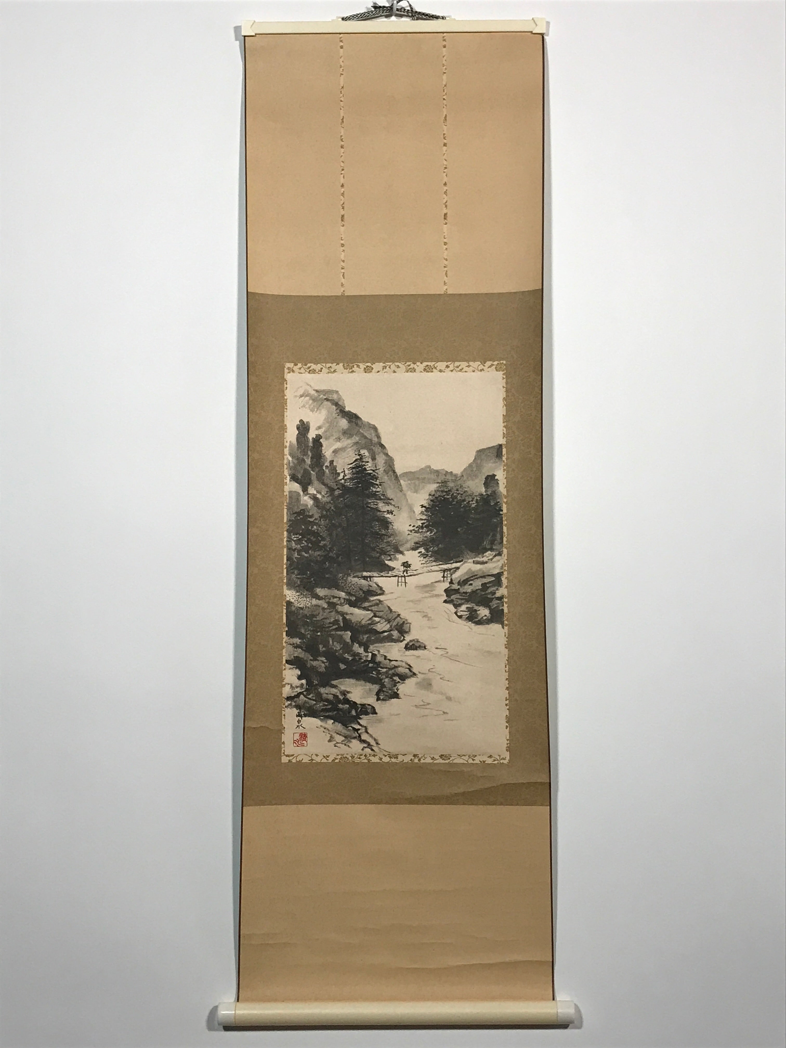 Japanese Hanging Scroll Printed Sansui-ga Mountain River Vtg Kakejiku SC768