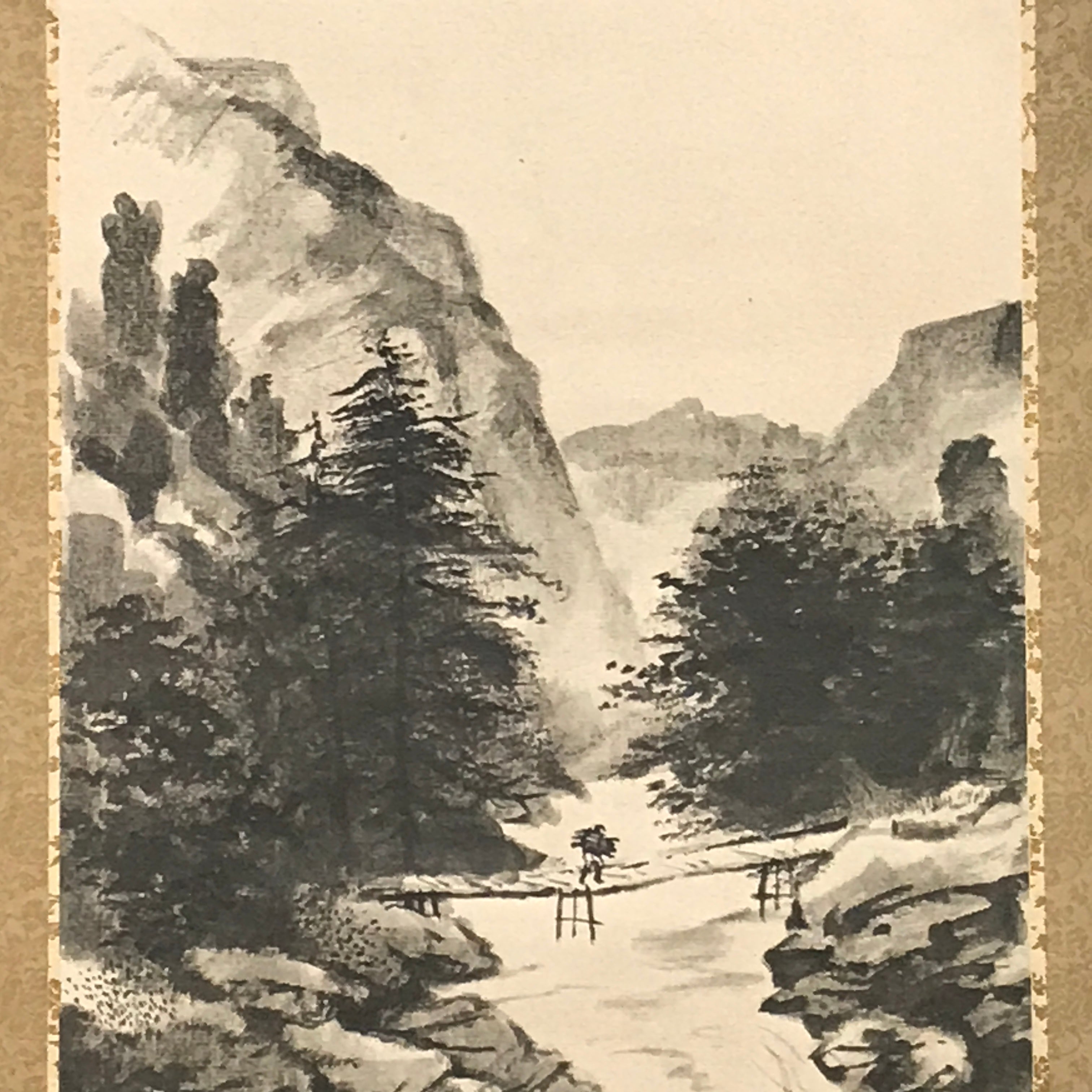 Japanese Hanging Scroll Printed Sansui-ga Mountain River Vtg Kakejiku SC768