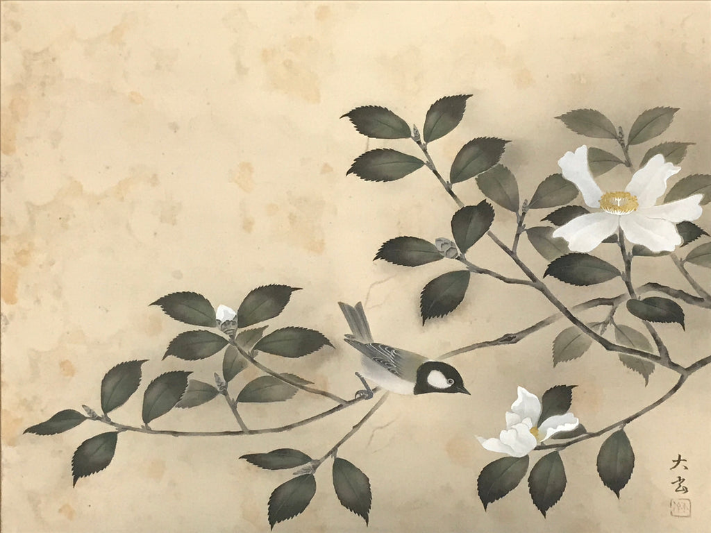Japanese Hanging Scroll Sparrow Camellia Taigen Yokoyama Kakejiku SC794