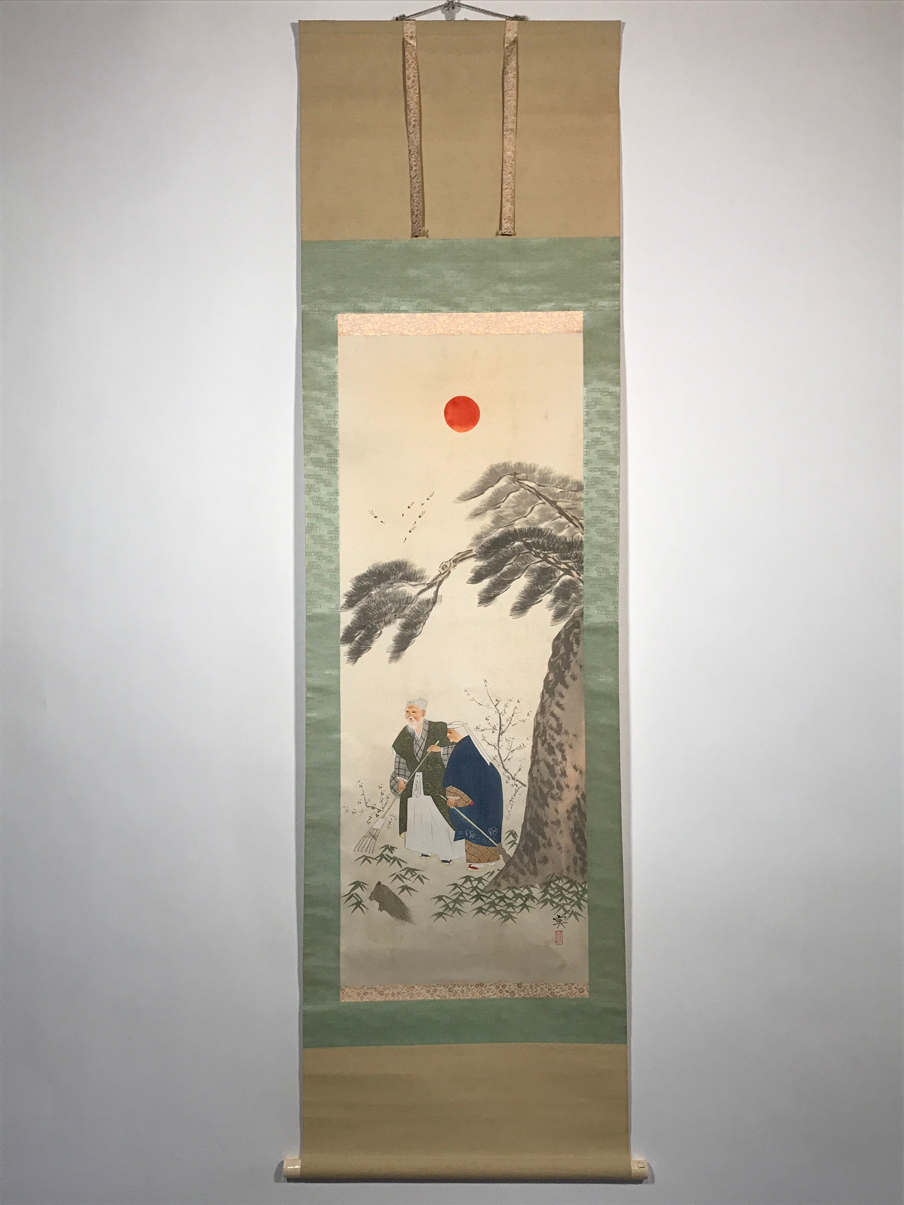 Japanese Hanging Scroll Takasago Old couple Celebration Vtg Kakejiku SC774