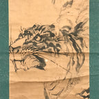 Japanese Hanging Scroll Tiger Baring Fangs Tora Black Kakejiku Kakemono SC792