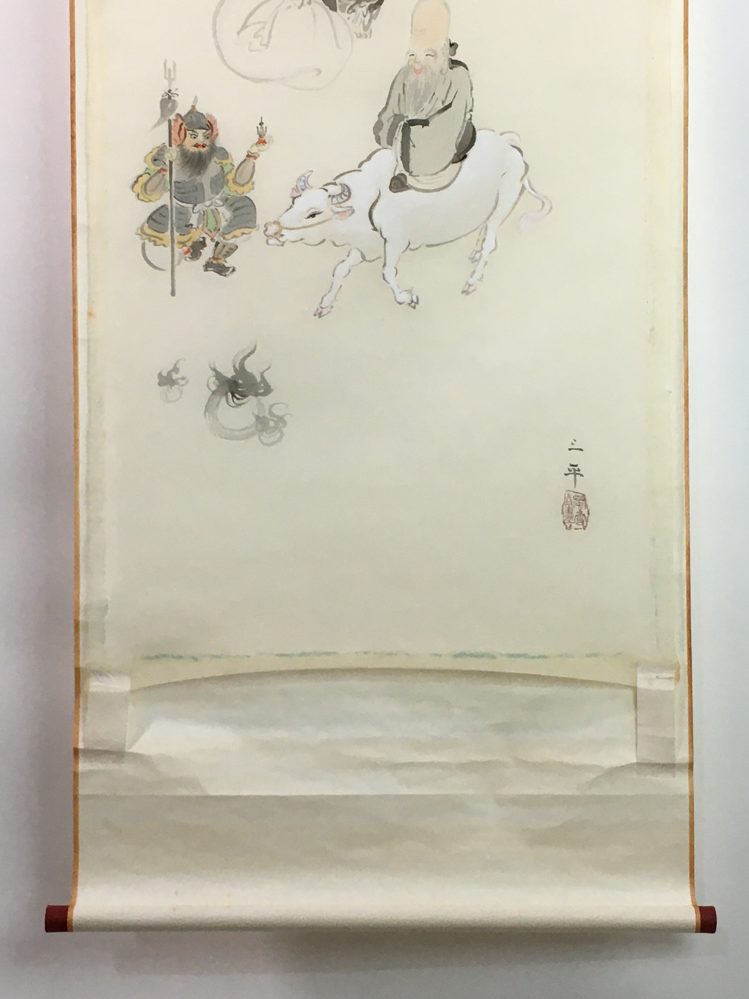 Japanese Hanging Scroll Vtg Kakejiku Kakemono 7 Lucky Gods Cow SC751