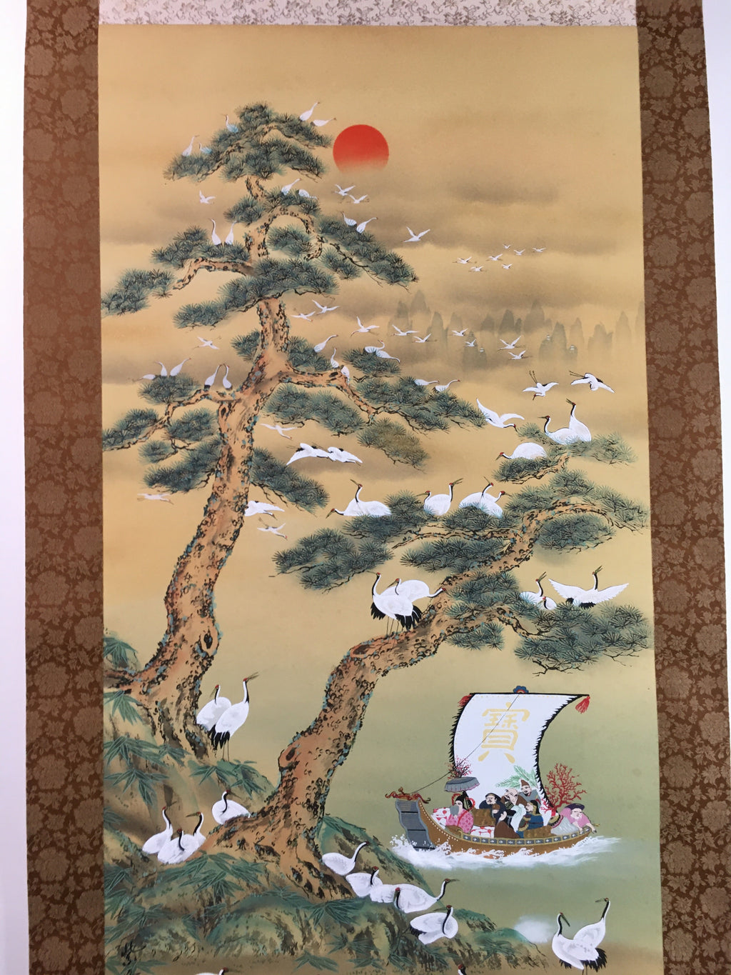 Japanese Hanging Scroll Vtg Kakejiku Kakemono 7 Lucky Gods Cranes SC715