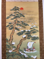 Japanese Hanging Scroll Vtg Kakejiku Kakemono 7 Lucky Gods Cranes SC715