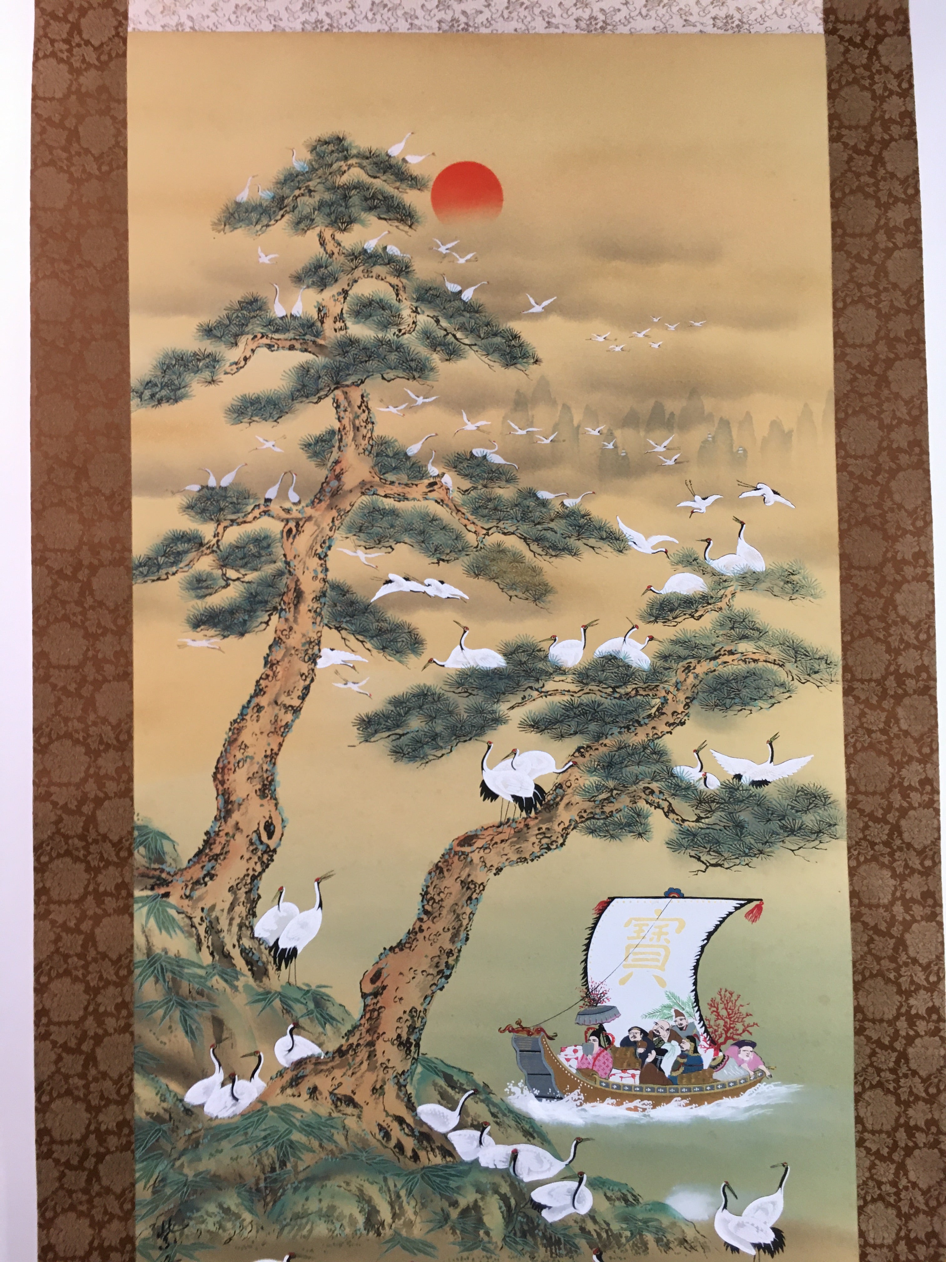 Japanese Hanging Scroll Vtg Kakejiku Kakemono 7 Lucky Gods Cranes SC715