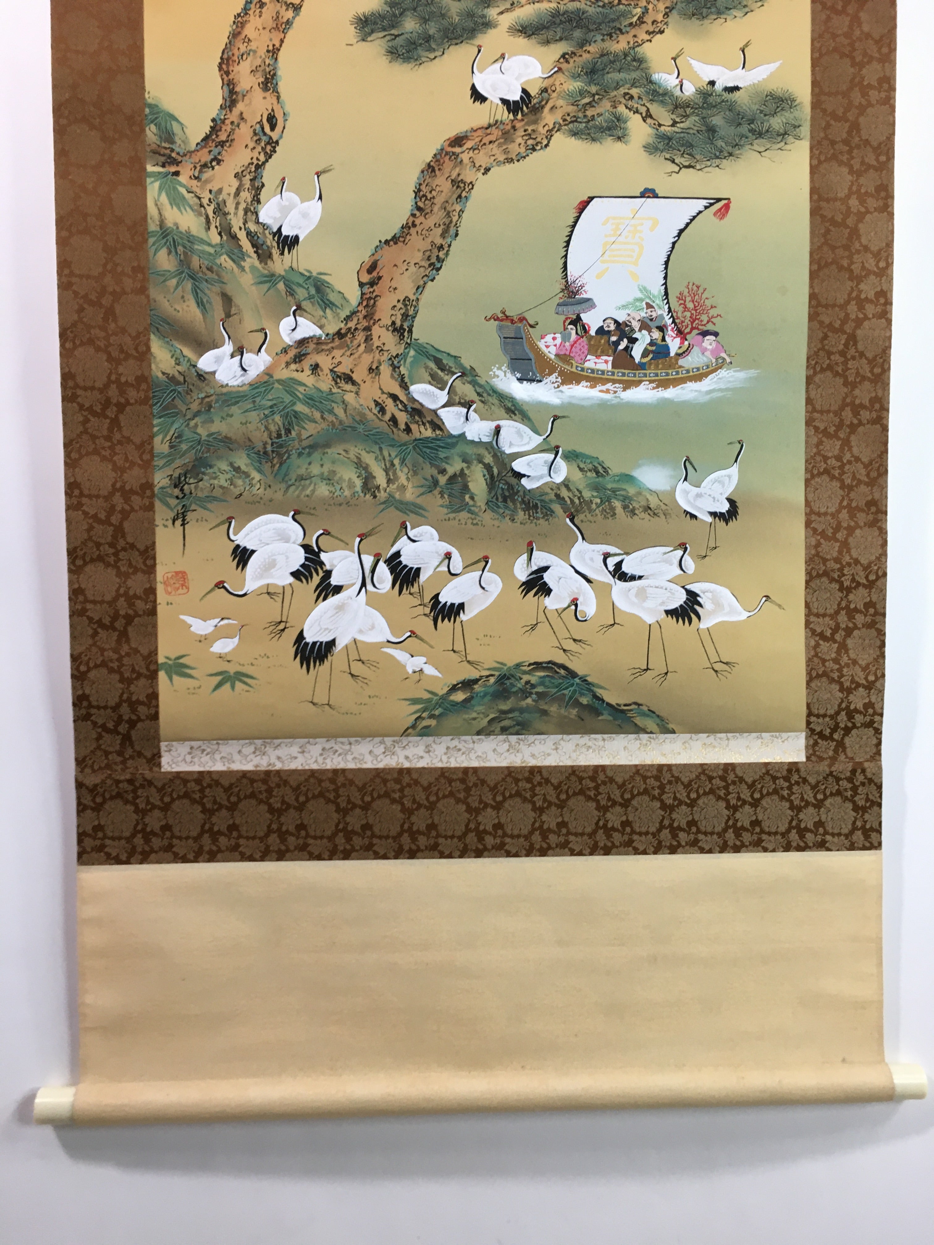 Japanese Hanging Scroll Vtg Kakejiku Kakemono 7 Lucky Gods Cranes SC715