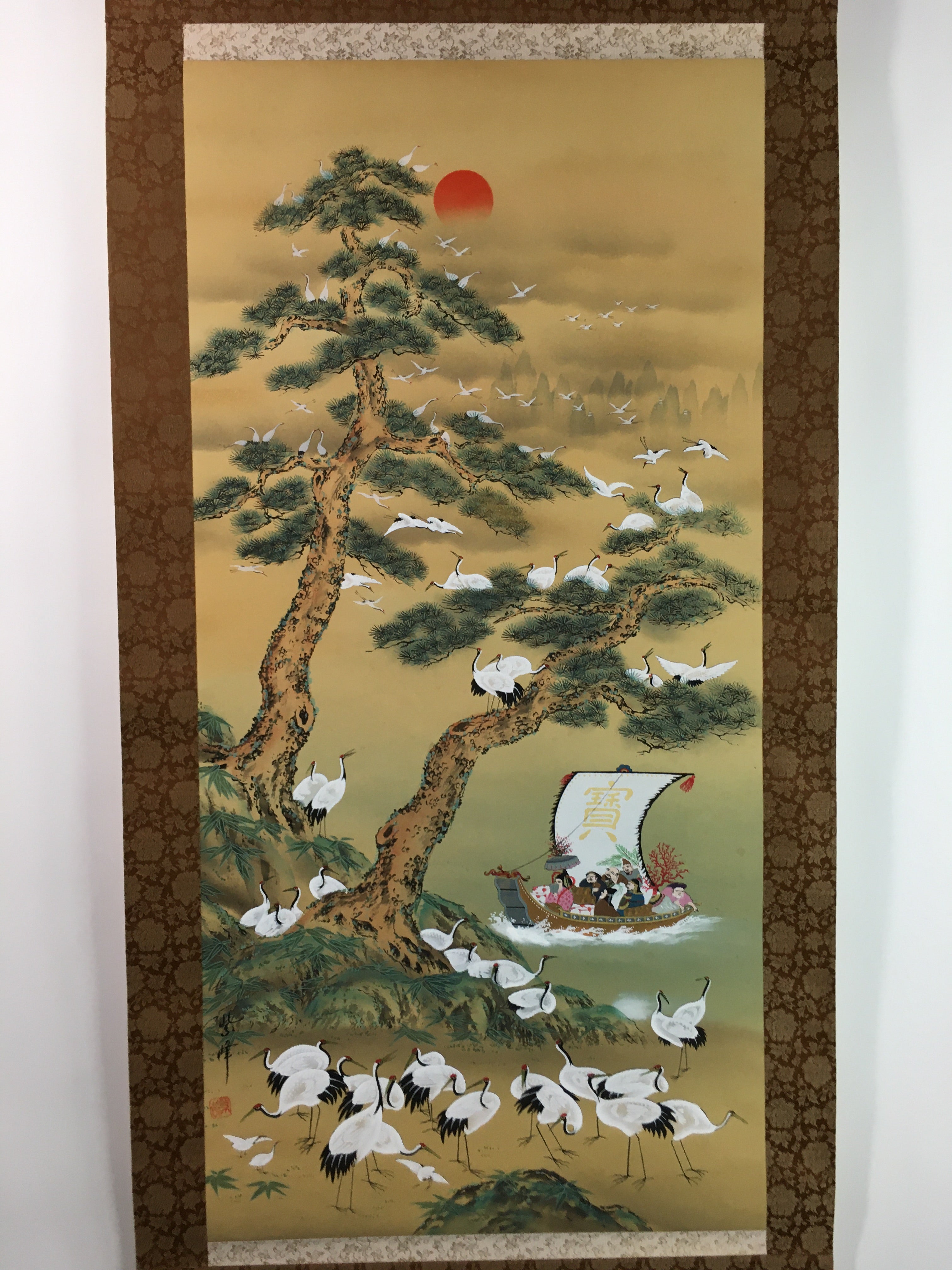 Japanese Hanging Scroll Vtg Kakejiku Kakemono 7 Lucky Gods Cranes SC715
