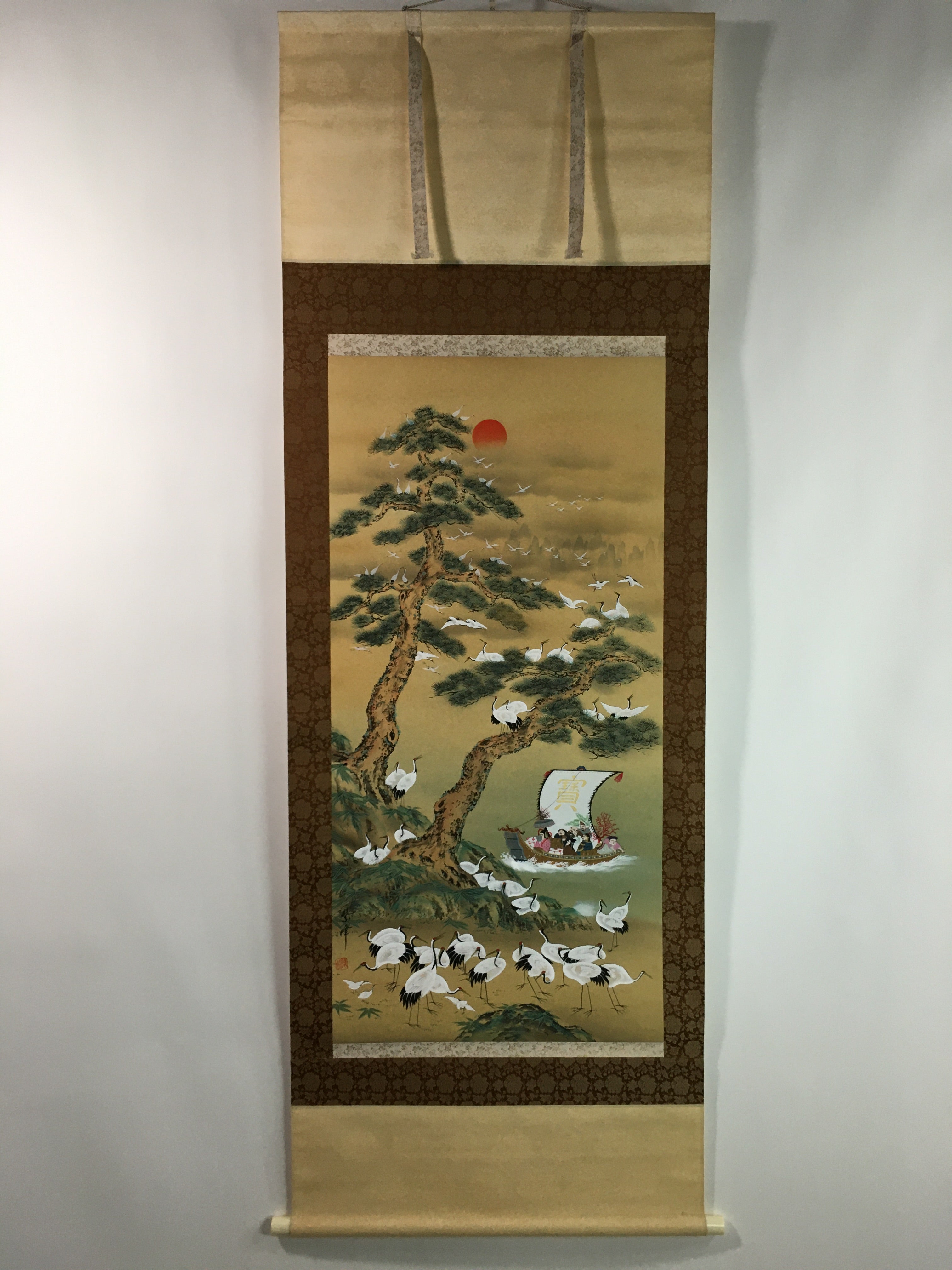 Japanese Hanging Scroll Vtg Kakejiku Kakemono 7 Lucky Gods Cranes SC715