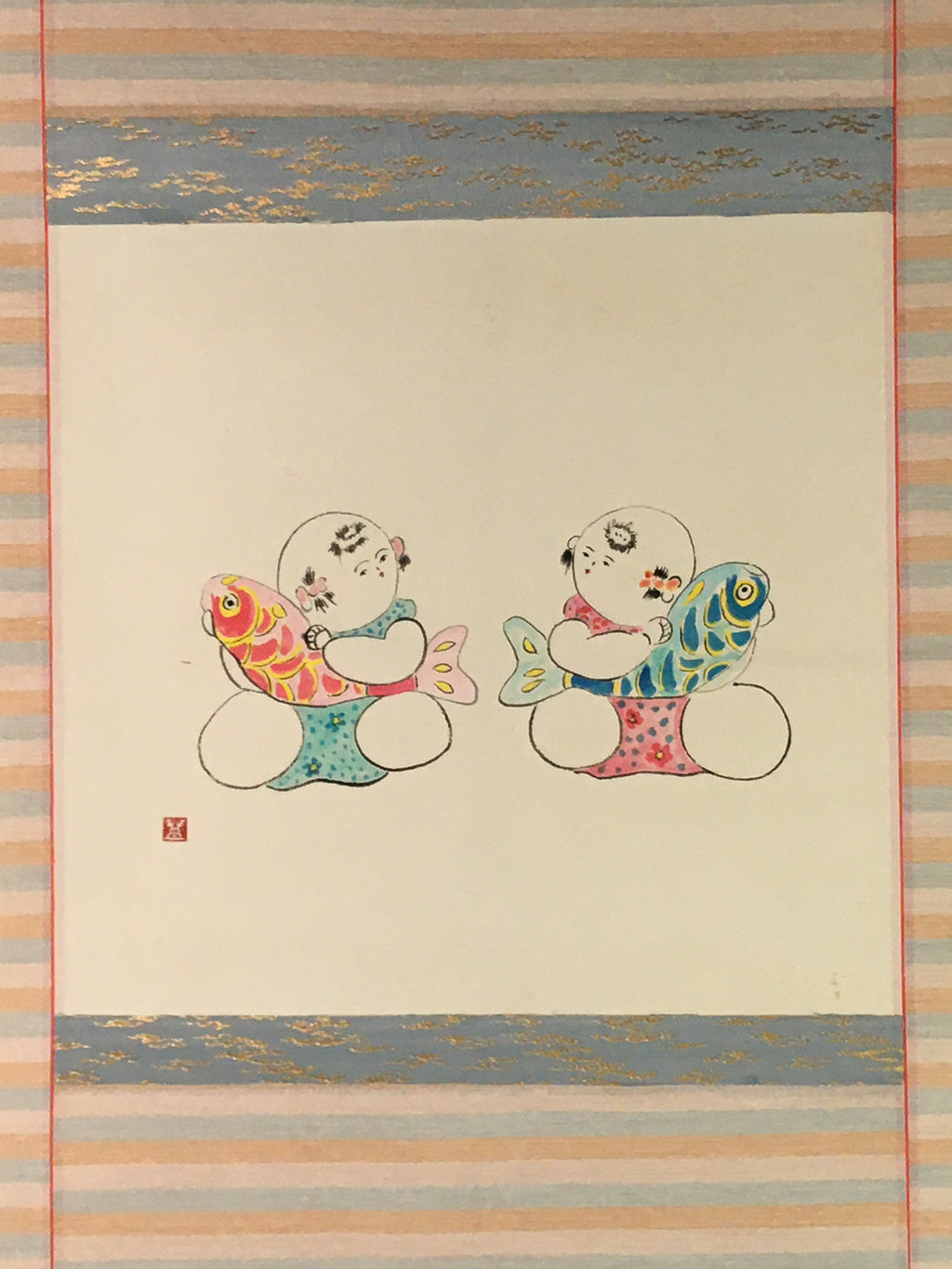 Japanese Hanging Scroll Vtg Kakejiku Kakemono Baby Red Blue Fish SC731
