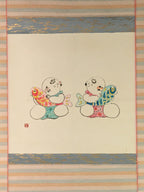 Japanese Hanging Scroll Vtg Kakejiku Kakemono Baby Red Blue Fish SC731