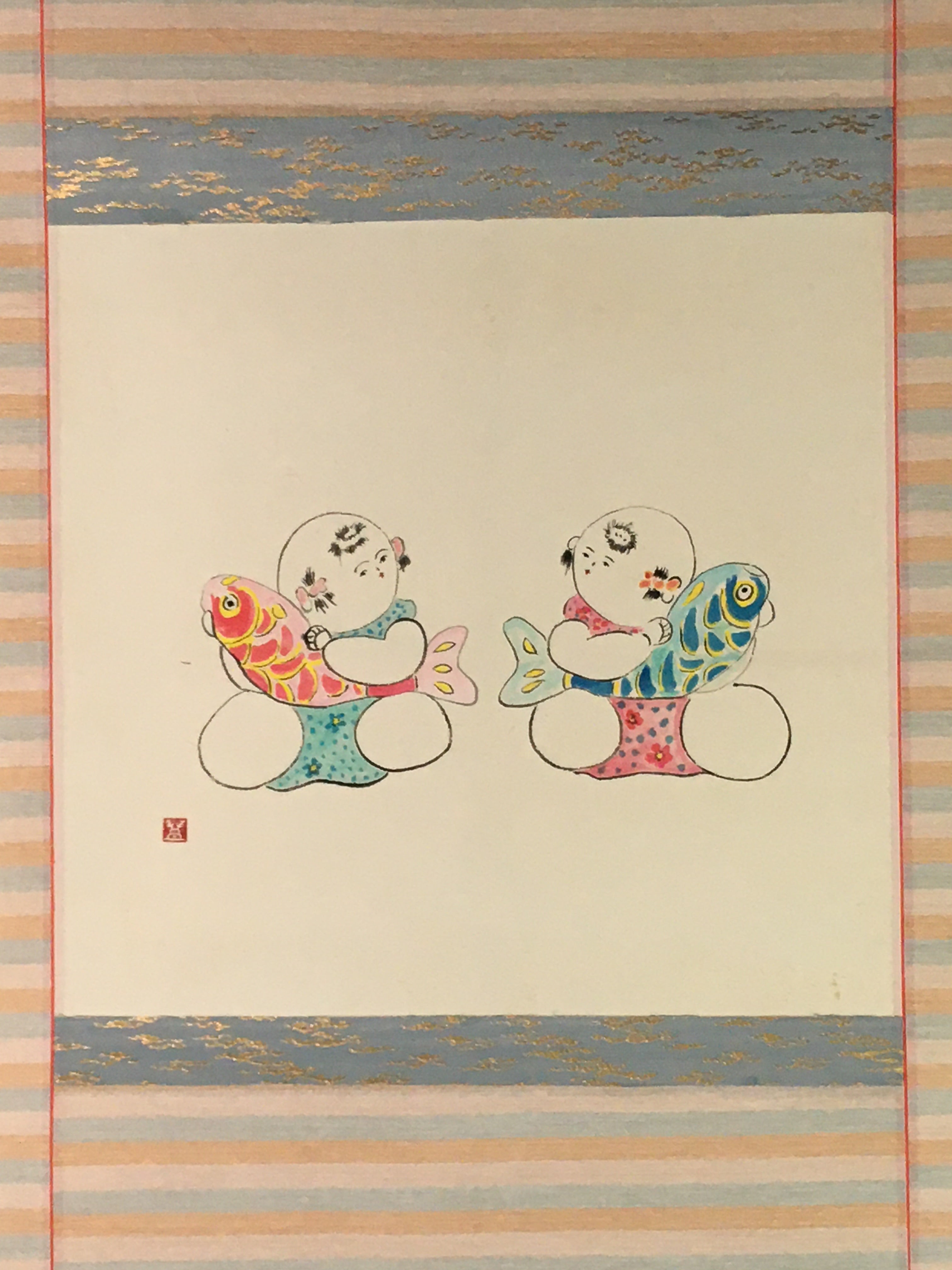 Japanese Hanging Scroll Vtg Kakejiku Kakemono Baby Red Blue Fish SC731