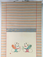 Japanese Hanging Scroll Vtg Kakejiku Kakemono Baby Red Blue Fish SC731