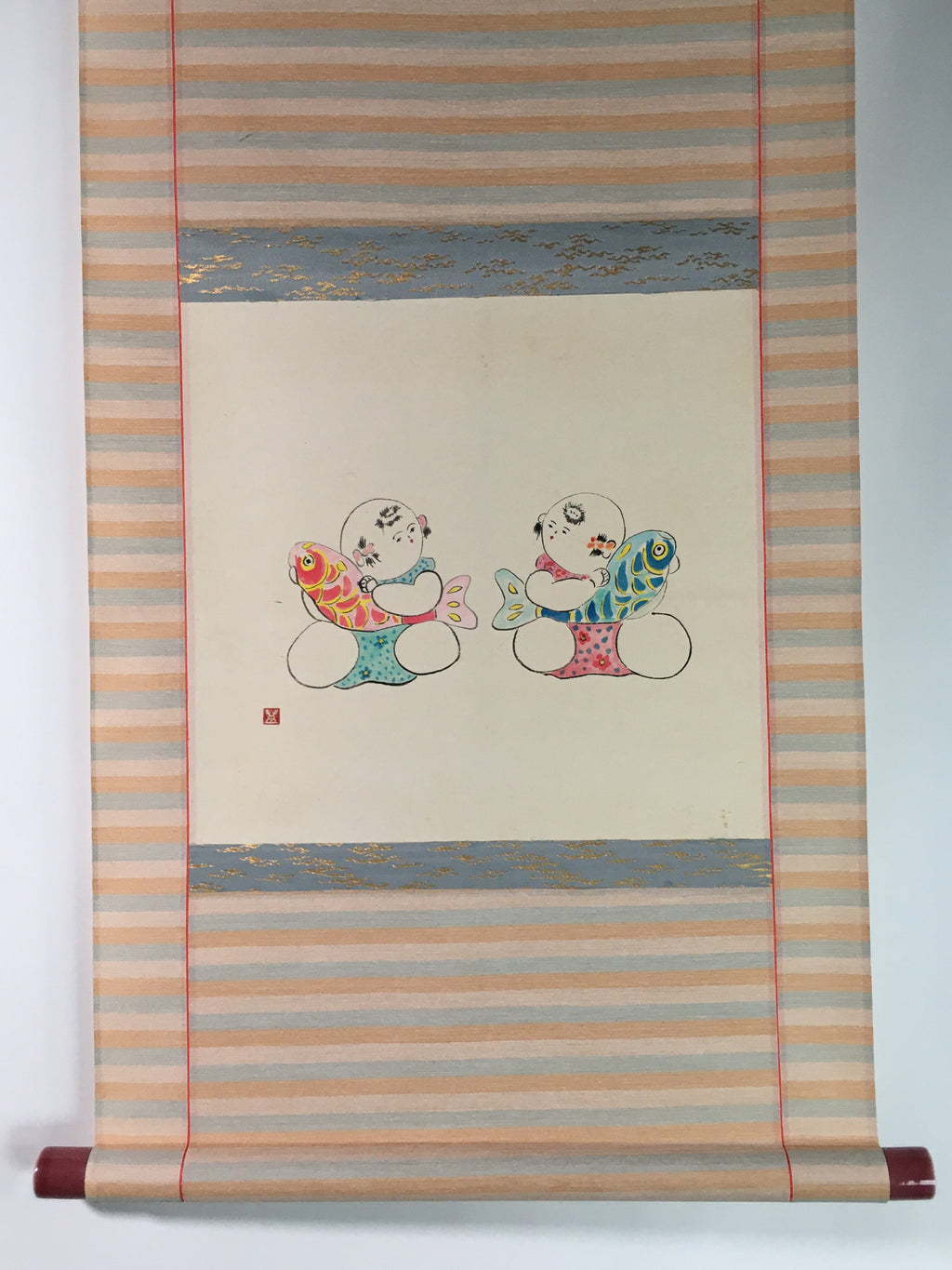 Japanese Hanging Scroll Vtg Kakejiku Kakemono Baby Red Blue Fish SC731
