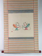 Japanese Hanging Scroll Vtg Kakejiku Kakemono Baby Red Blue Fish SC731