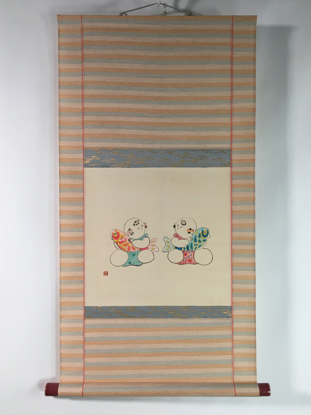 Japanese Hanging Scroll Vtg Kakejiku Kakemono Baby Red Blue Fish SC731
