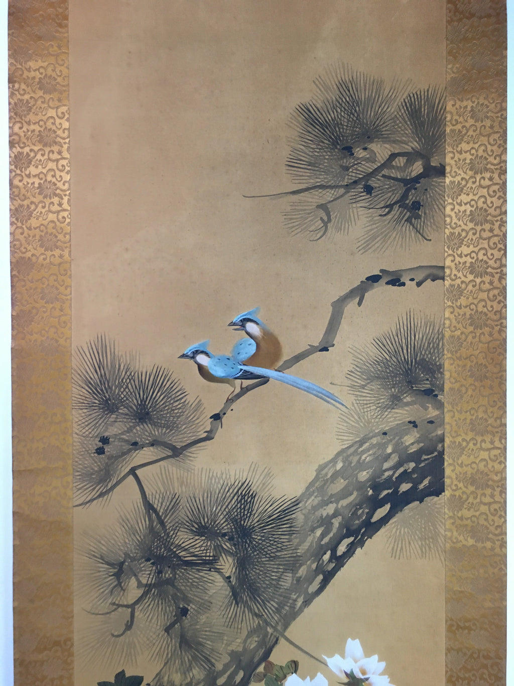 Japanese Hanging Scroll Vtg Kakejiku Kakemono Blue Birds Pine Tree Signed SC723