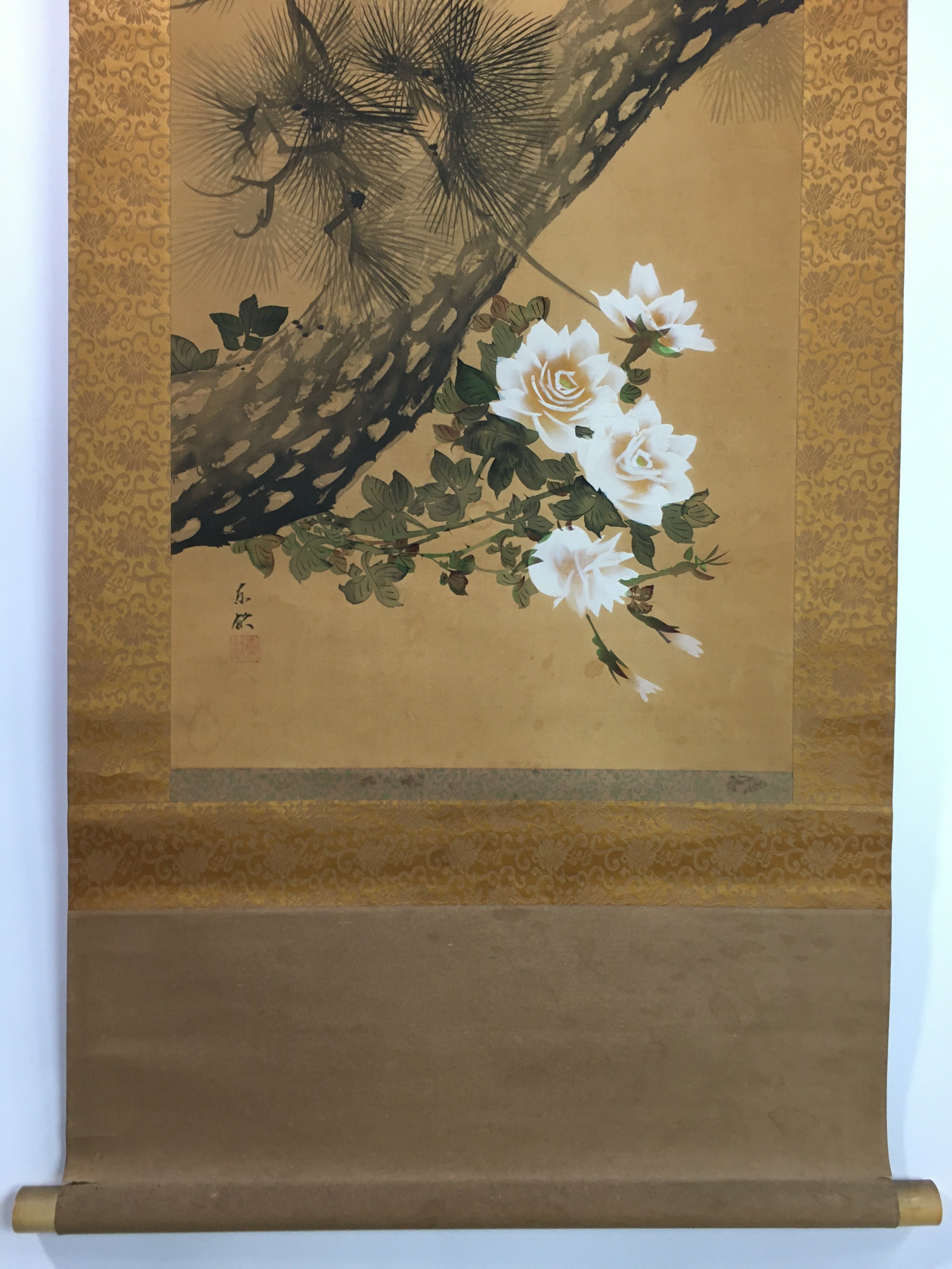 Japanese Hanging Scroll Vtg Kakejiku Kakemono Blue Birds Pine Tree Signed SC723