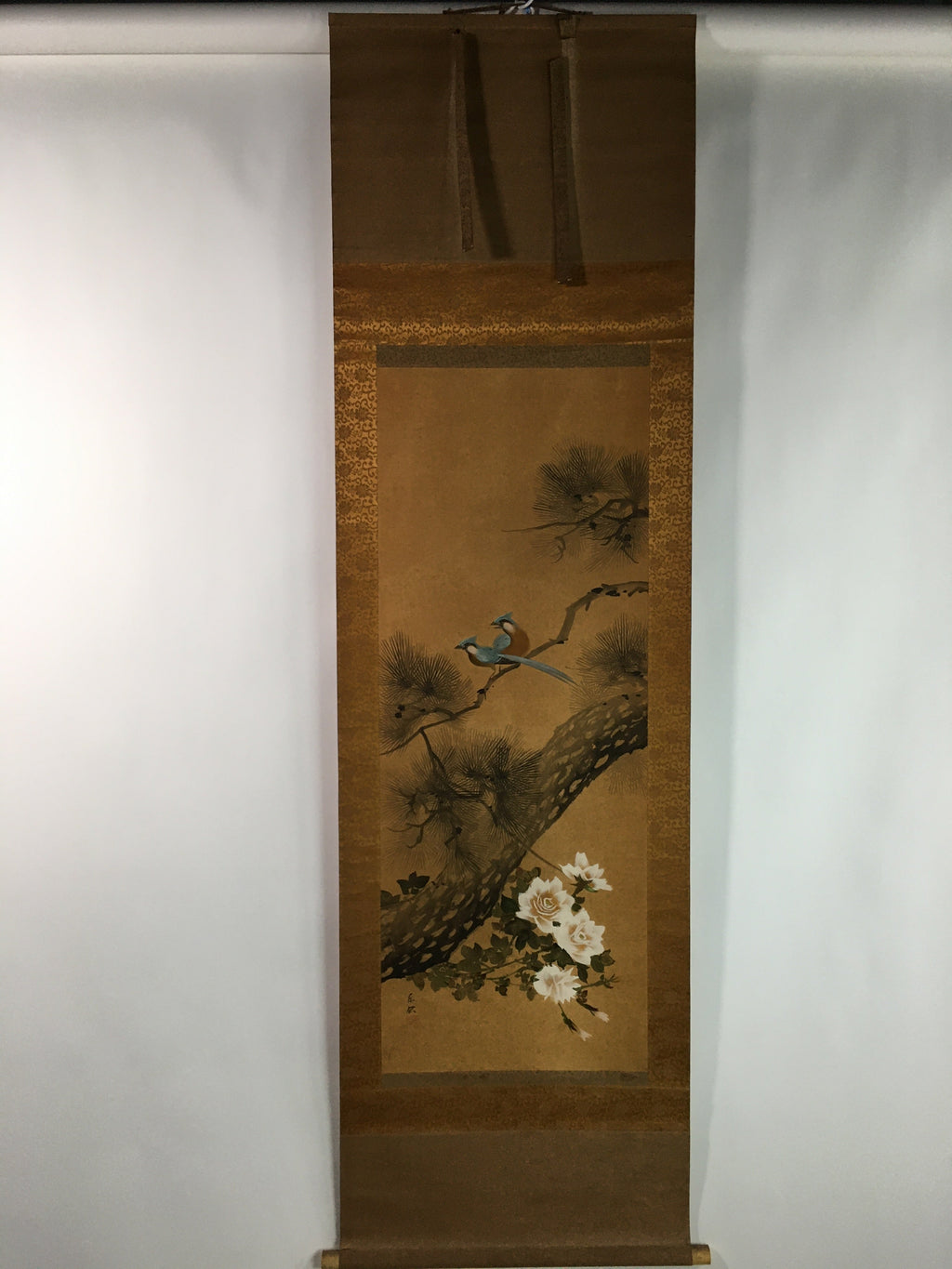 Japanese Hanging Scroll Vtg Kakejiku Kakemono Blue Birds Pine Tree Signed SC723