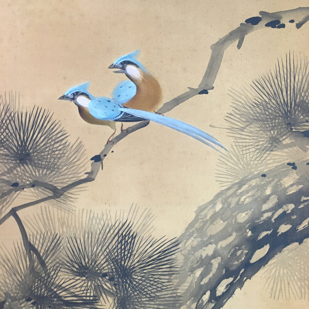 Japanese Hanging Scroll Vtg Kakejiku Kakemono Blue Birds Pine Tree Signed SC723