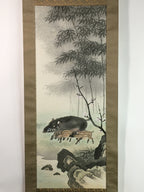 Japanese Hanging Scroll Vtg Kakejiku Kakemono Boar Mother Child SC740