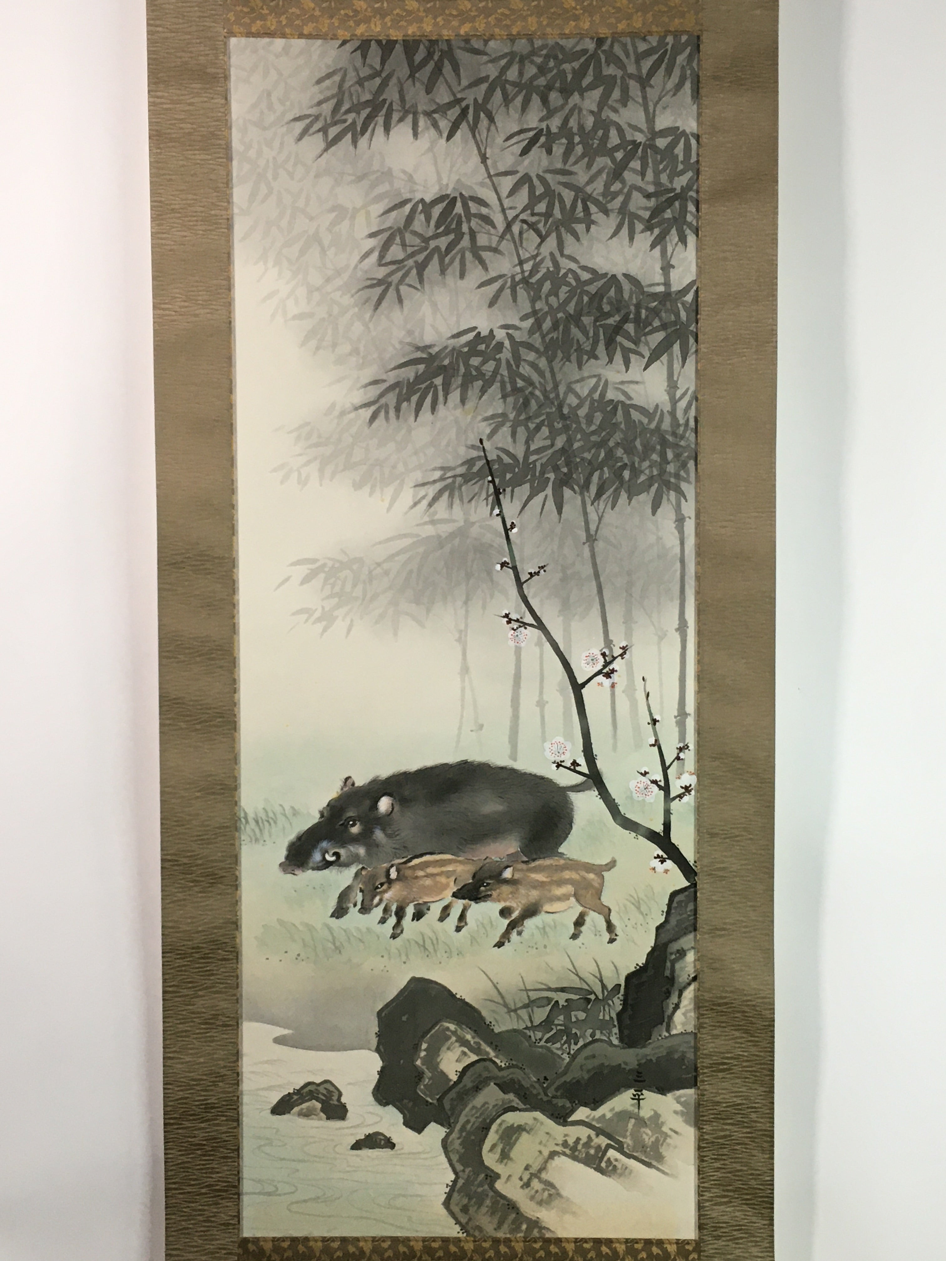 Japanese Hanging Scroll Vtg Kakejiku Kakemono Boar Mother Child SC740