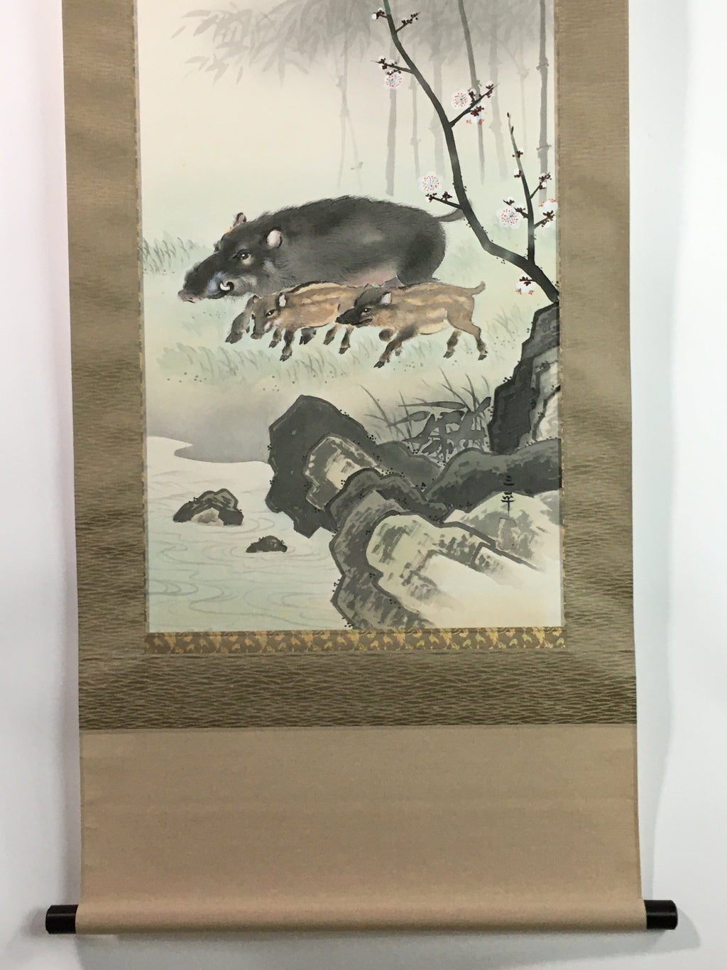 Japanese Hanging Scroll Vtg Kakejiku Kakemono Boar Mother Child SC740