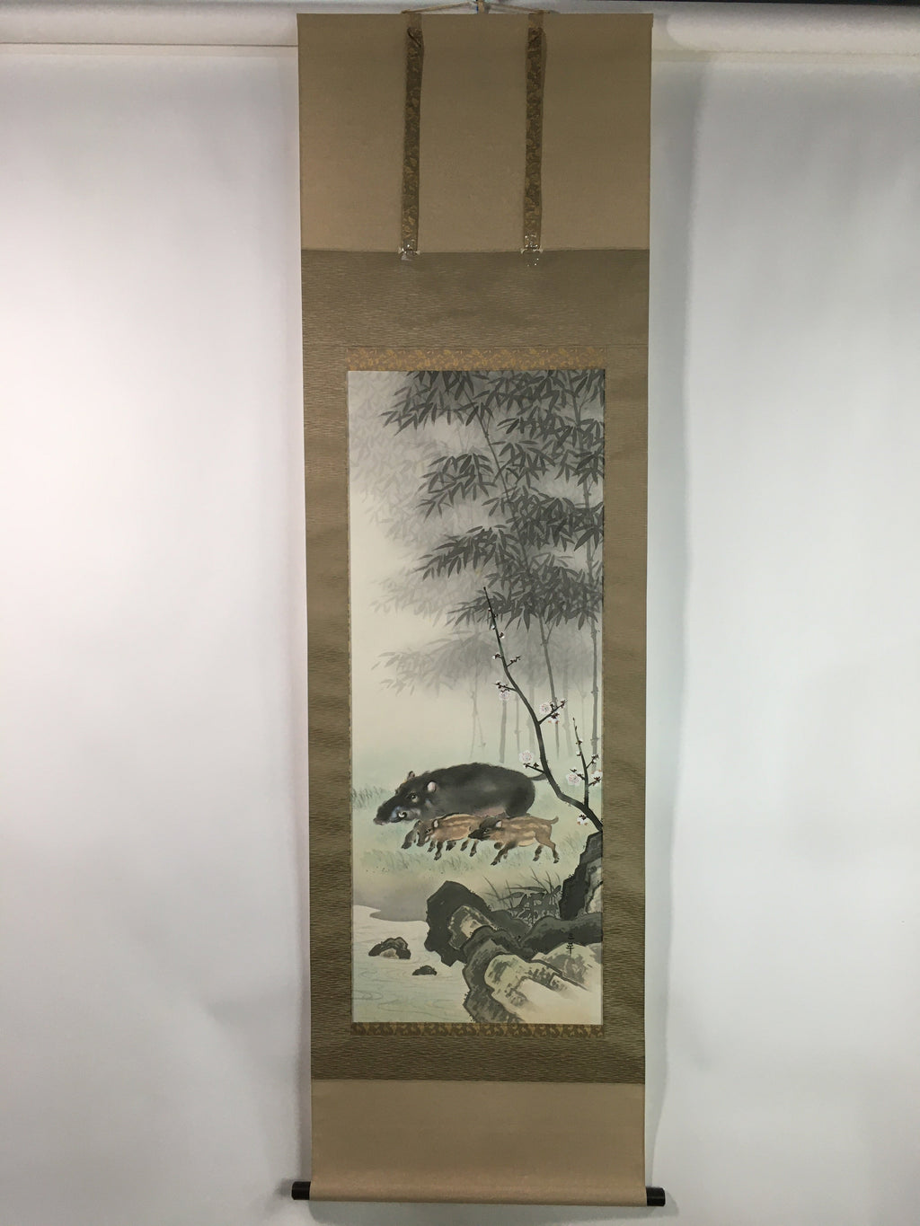 Japanese Hanging Scroll Vtg Kakejiku Kakemono Boar Mother Child SC740
