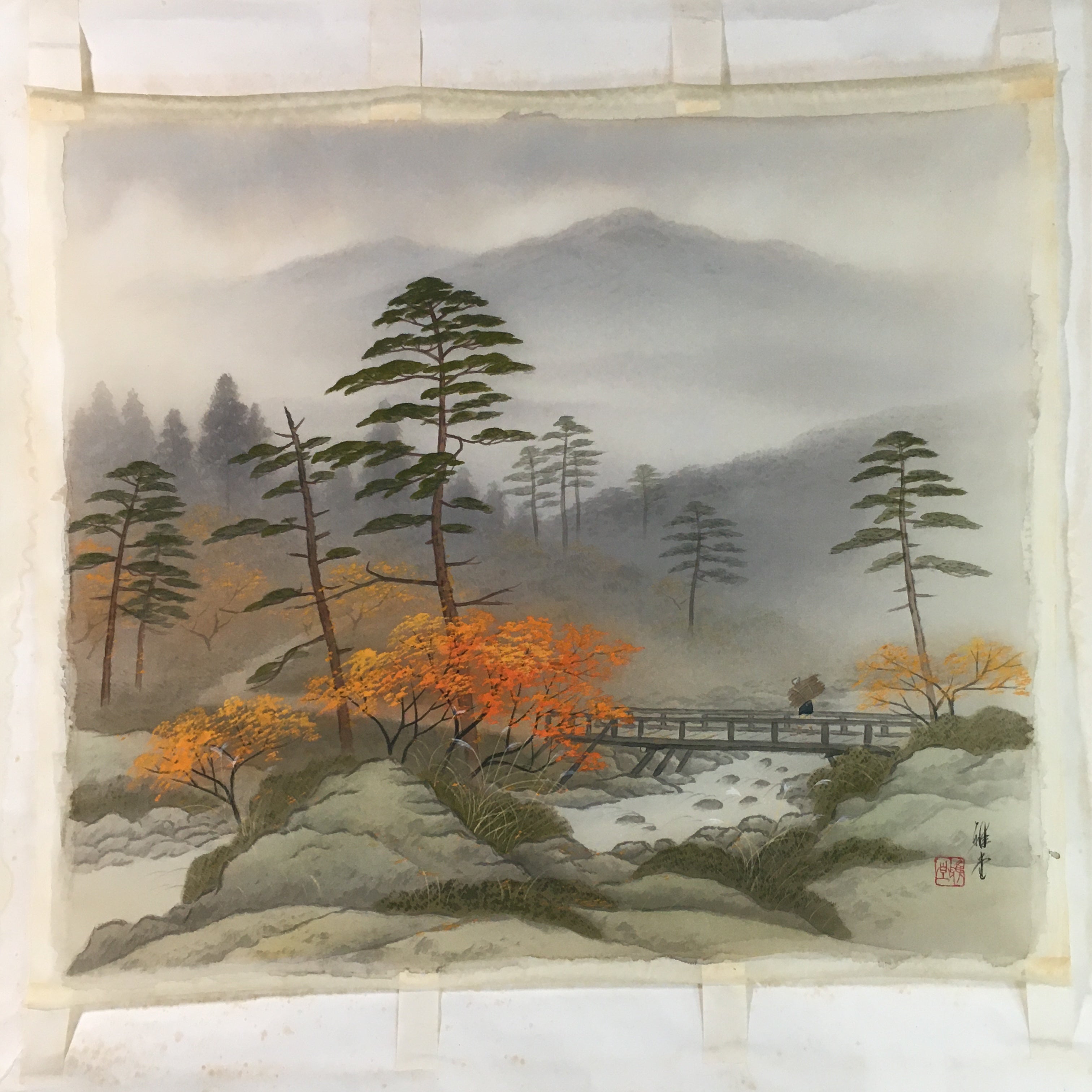 Japanese Hanging Scroll Vtg Kakejiku Kakemono Bridge River Man SC754