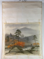 Japanese Hanging Scroll Vtg Kakejiku Kakemono Bridge River Man SC754