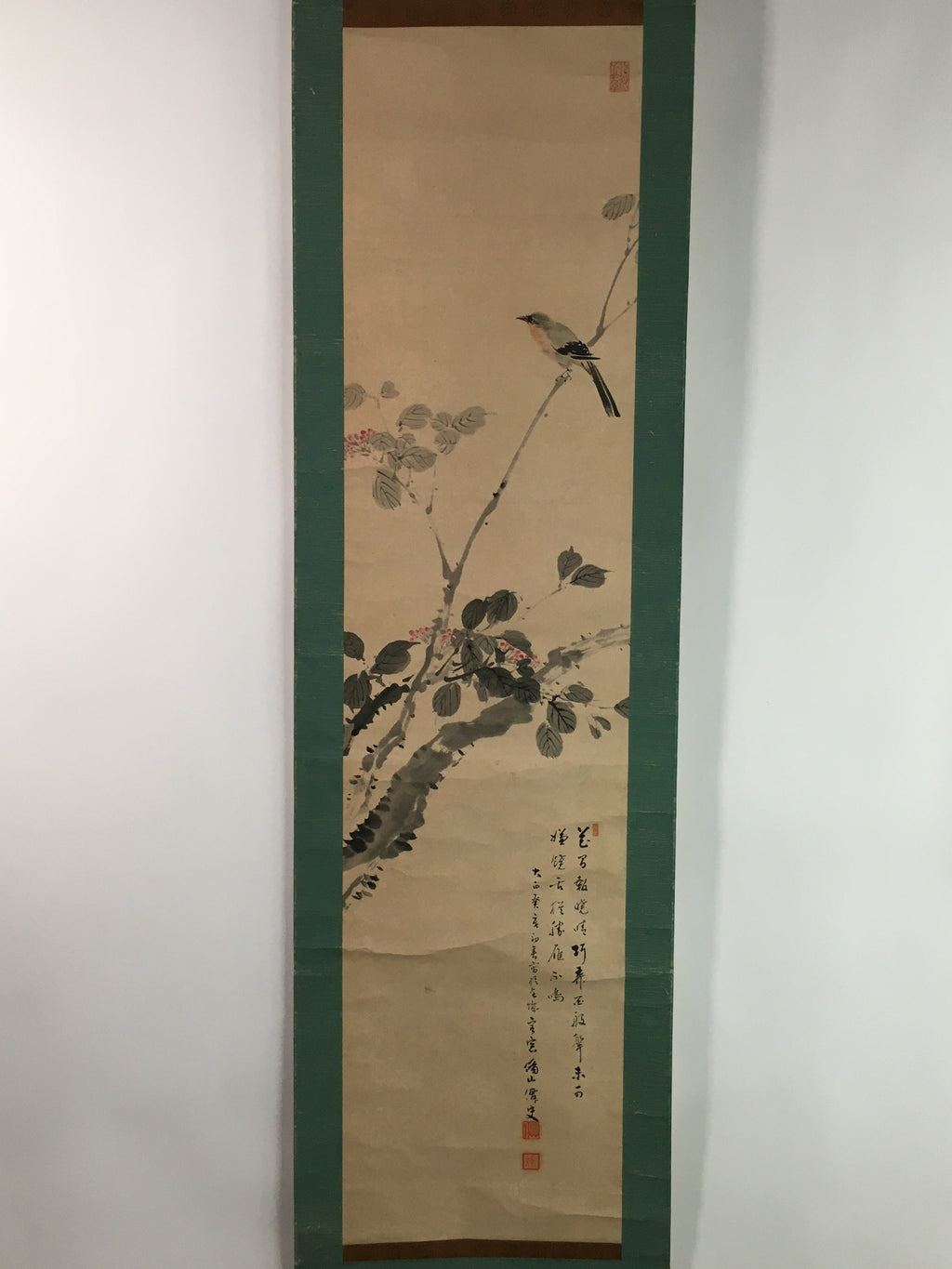 Japanese Hanging Scroll Vtg Kakejiku Kakemono Calligraphy Autumn Bird SC744