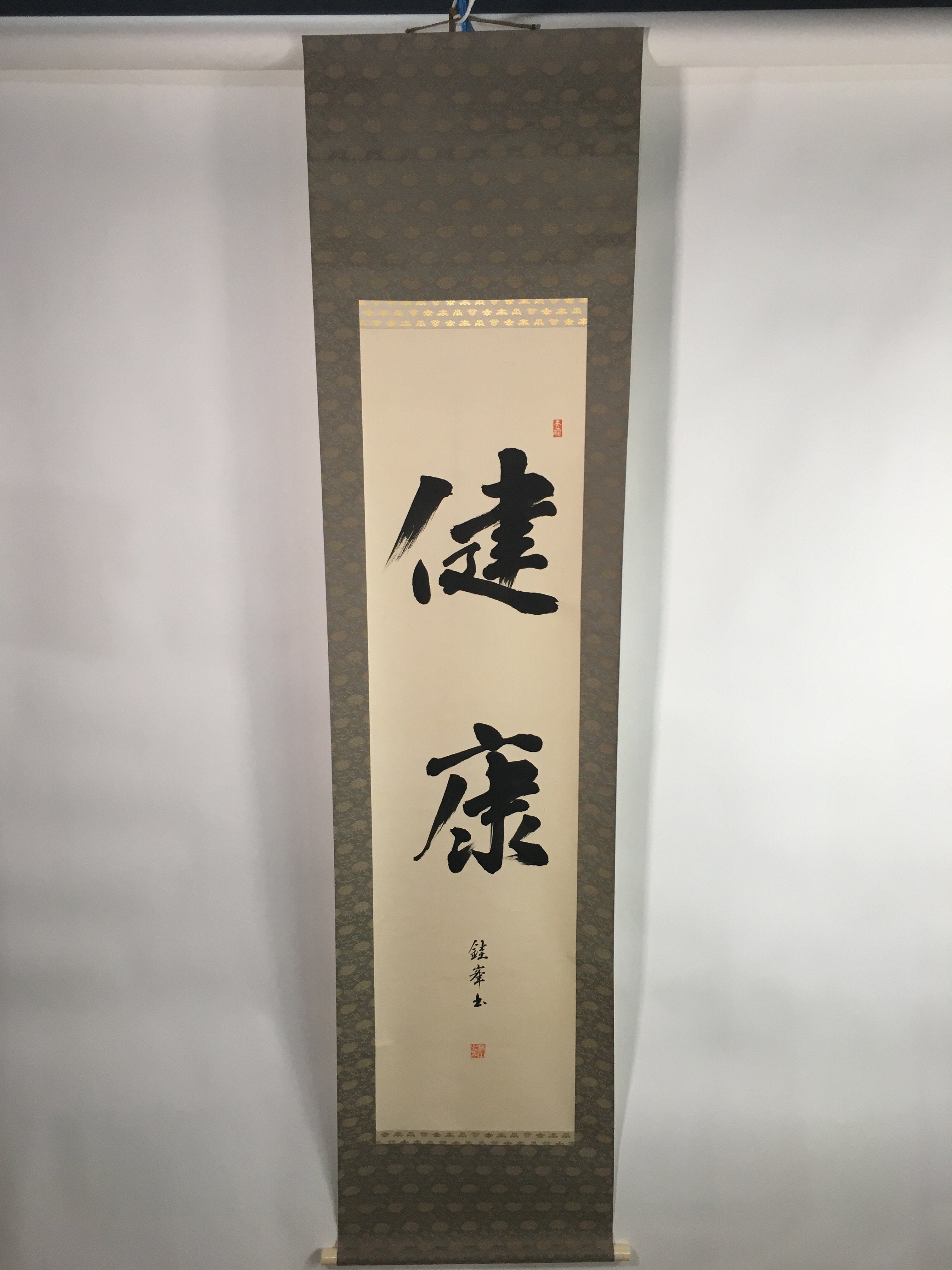 Japanese Hanging Scroll Vtg Kakejiku Kakemono Calligraphy Health Kanji SC658