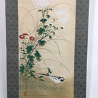 Japanese Hanging Scroll Vtg Kakejiku Kakemono Chrysanthemum Bird SC660