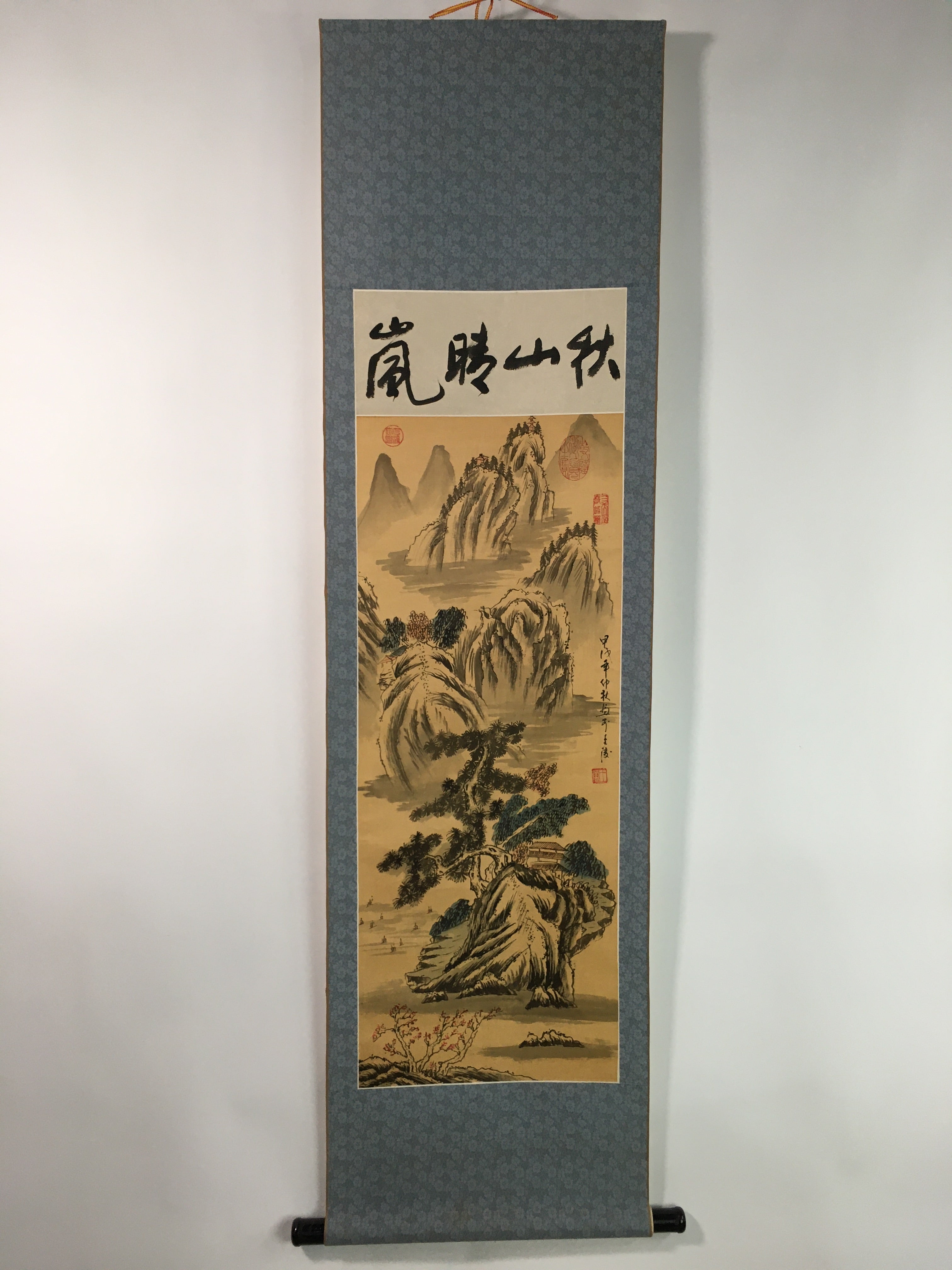 Japanese Hanging Scroll Vtg Kakejiku Kakemono Cliff House Pine Tree SC741