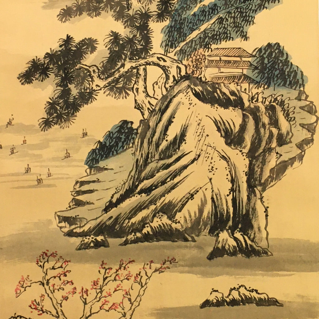Japanese Hanging Scroll Vtg Kakejiku Kakemono Cliff House Pine Tree SC741