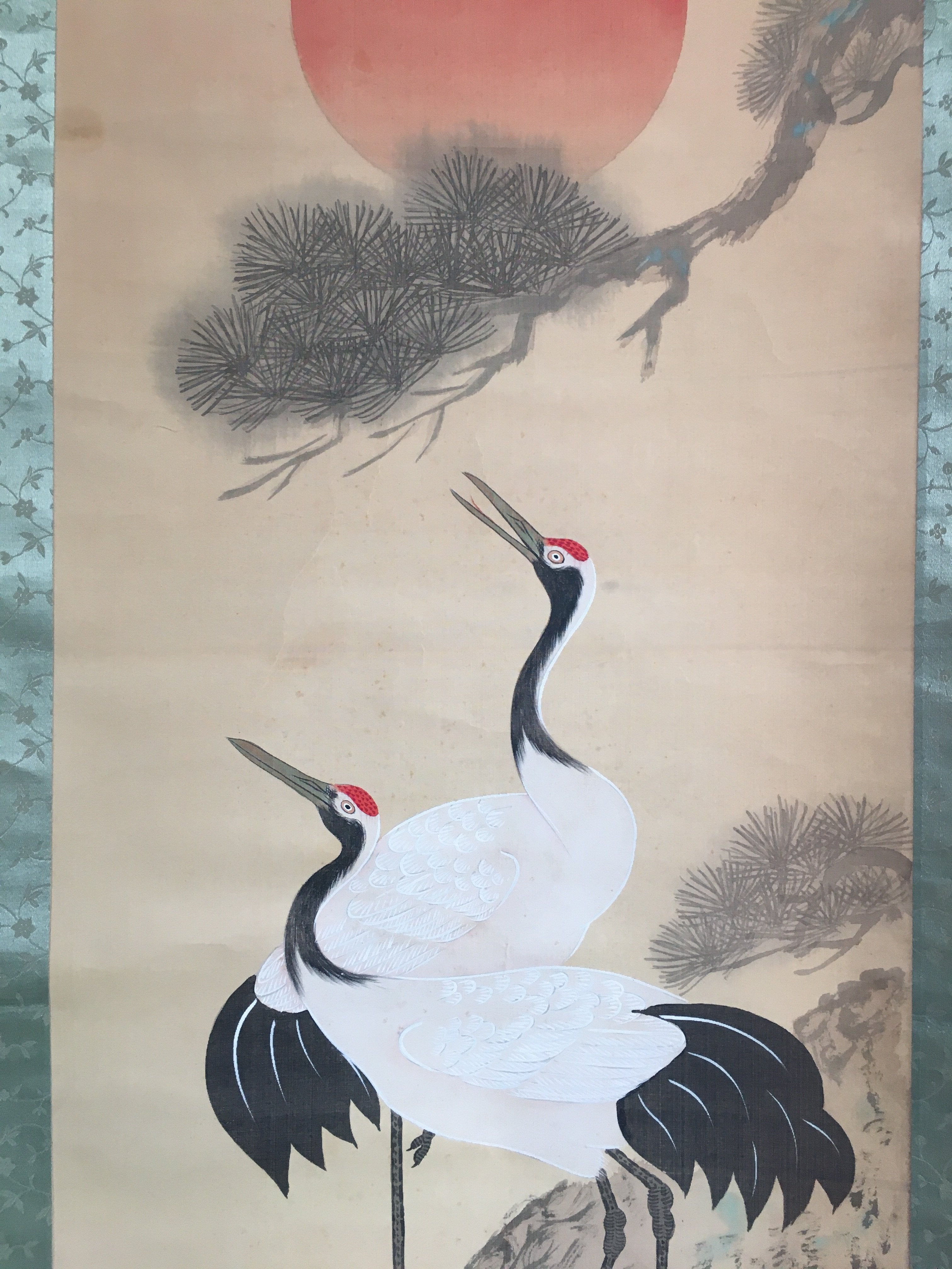 Japanese Hanging Scroll Vtg Kakejiku Kakemono Cranes Sunrise Pine Tree SC688