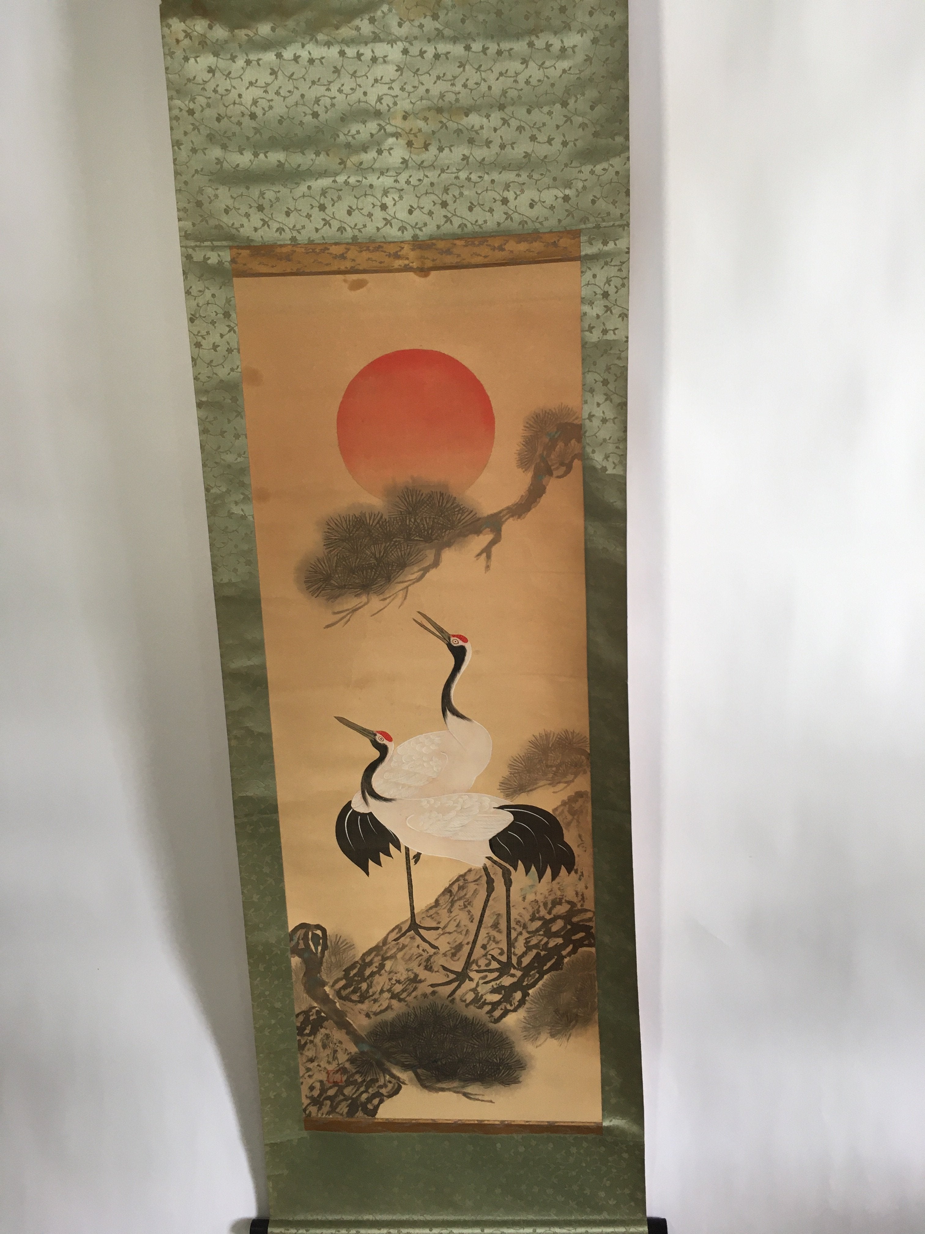 Japanese Hanging Scroll Vtg Kakejiku Kakemono Cranes Sunrise Pine Tree SC688