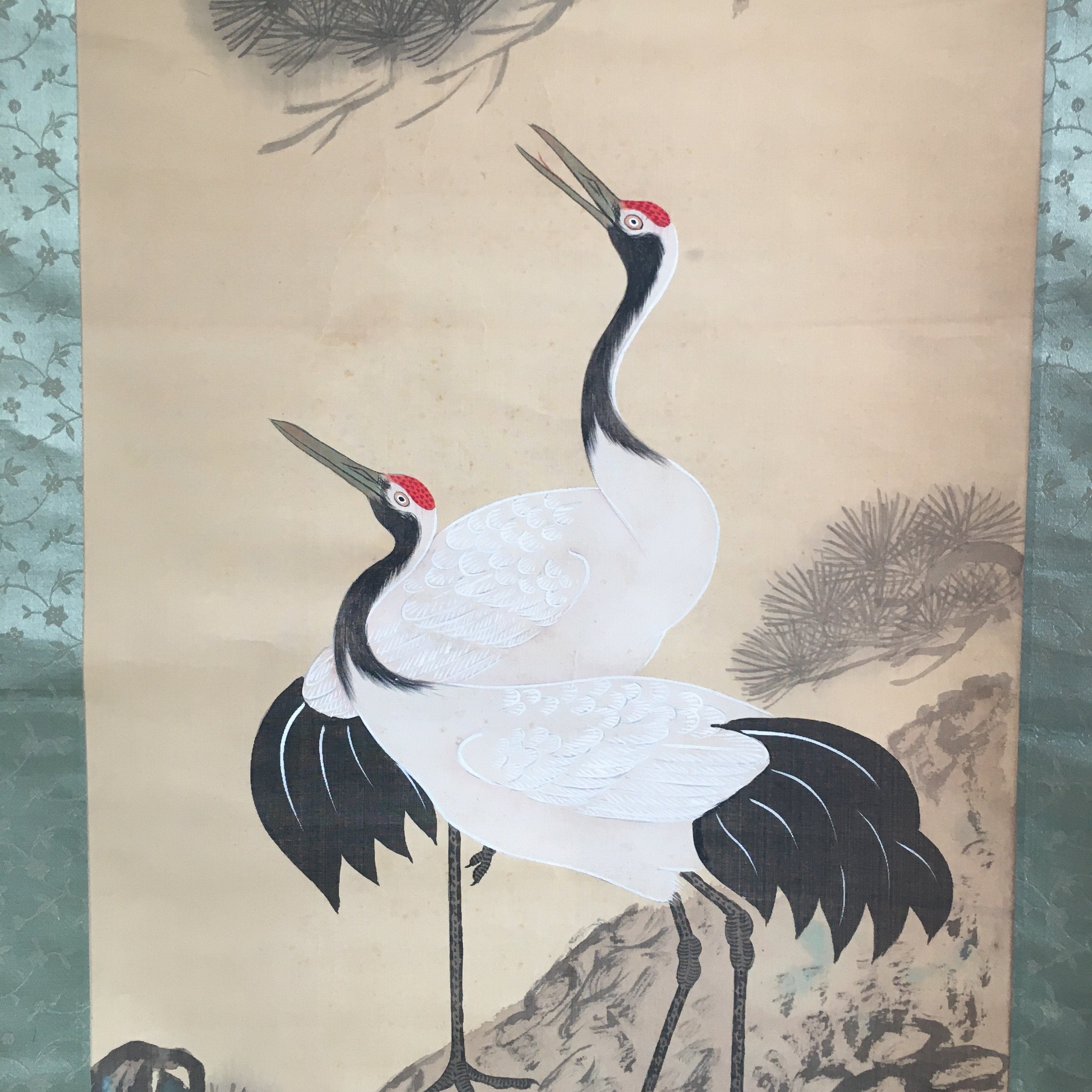 Japanese Hanging Scroll Vtg Kakejiku Kakemono Cranes Sunrise Pine Tree SC688